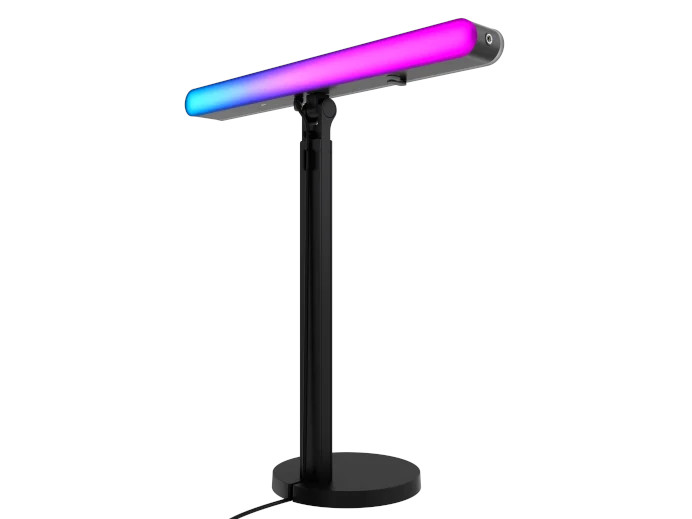 Lampa z czarną podstawą i stojakiem, z kolorowym paskiem świetlnym.