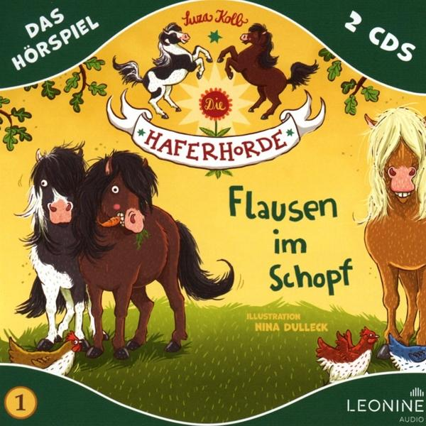 Ein Kinderbuchcover mit dem Titel 'Die Haferhorde' mit Pferdeillustrationen und Hühnern.
