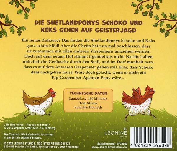 Buchcover mit Hühnern, Text. Titel: Die Shetlandponys, Geisterjagd. Deutscher Text.