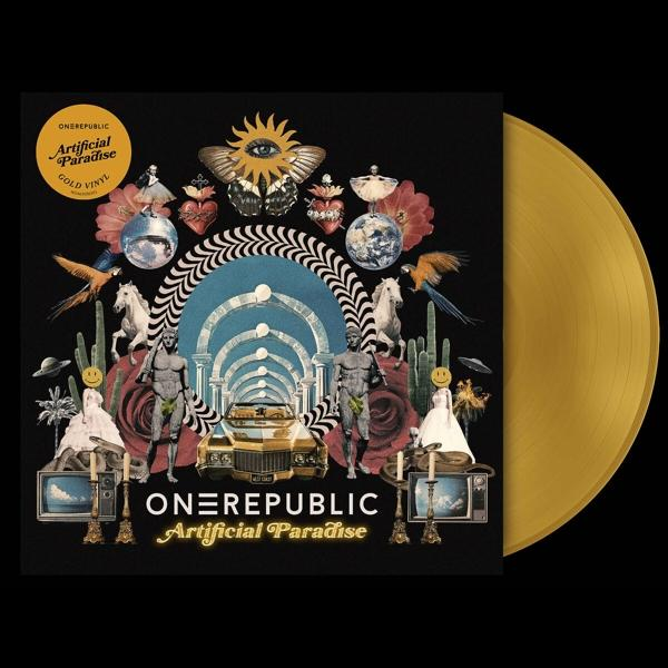 Arany bakelitlemez szürreális képeket tartalmazó albumborítóval és az 'Artificial Paradise' szavakkal.