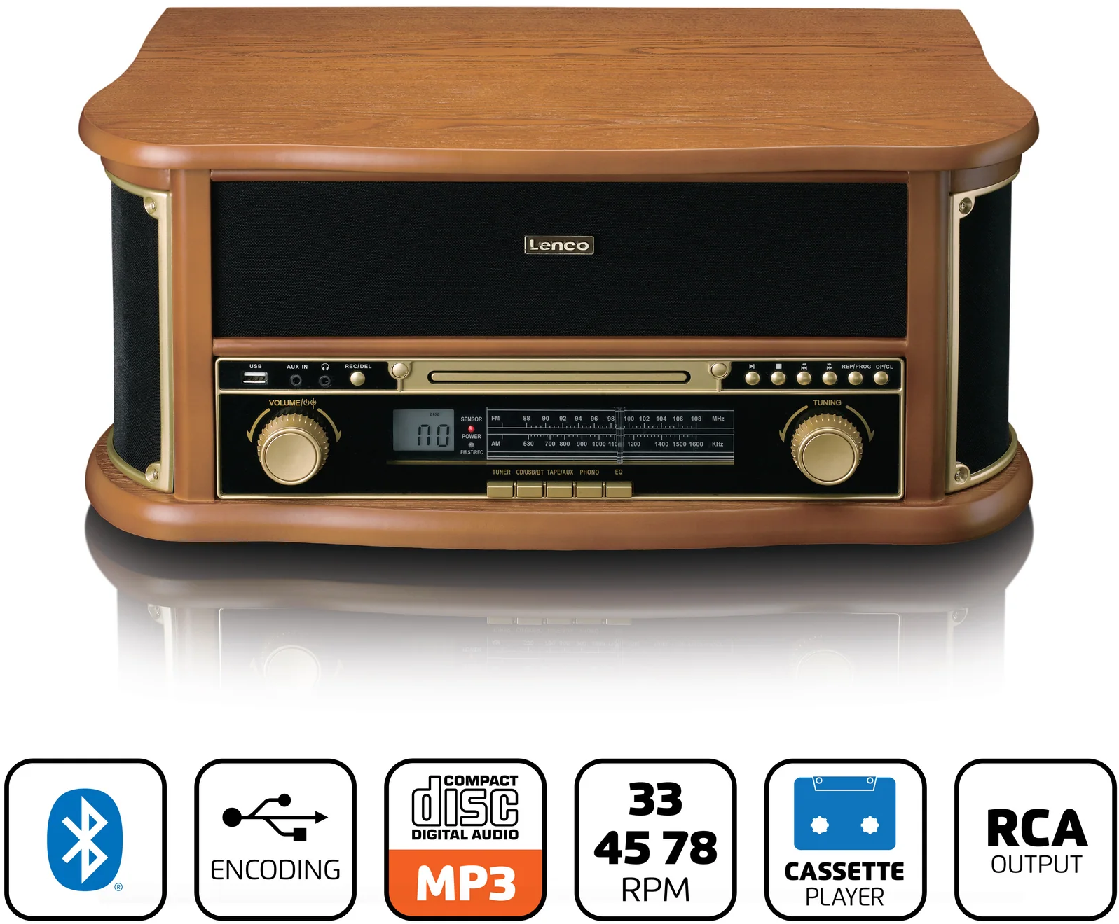 Ein Retro-Radio in Holzoptik mit verschiedenen Eingabetasten, CD-Player und Bluetooth-Logo.