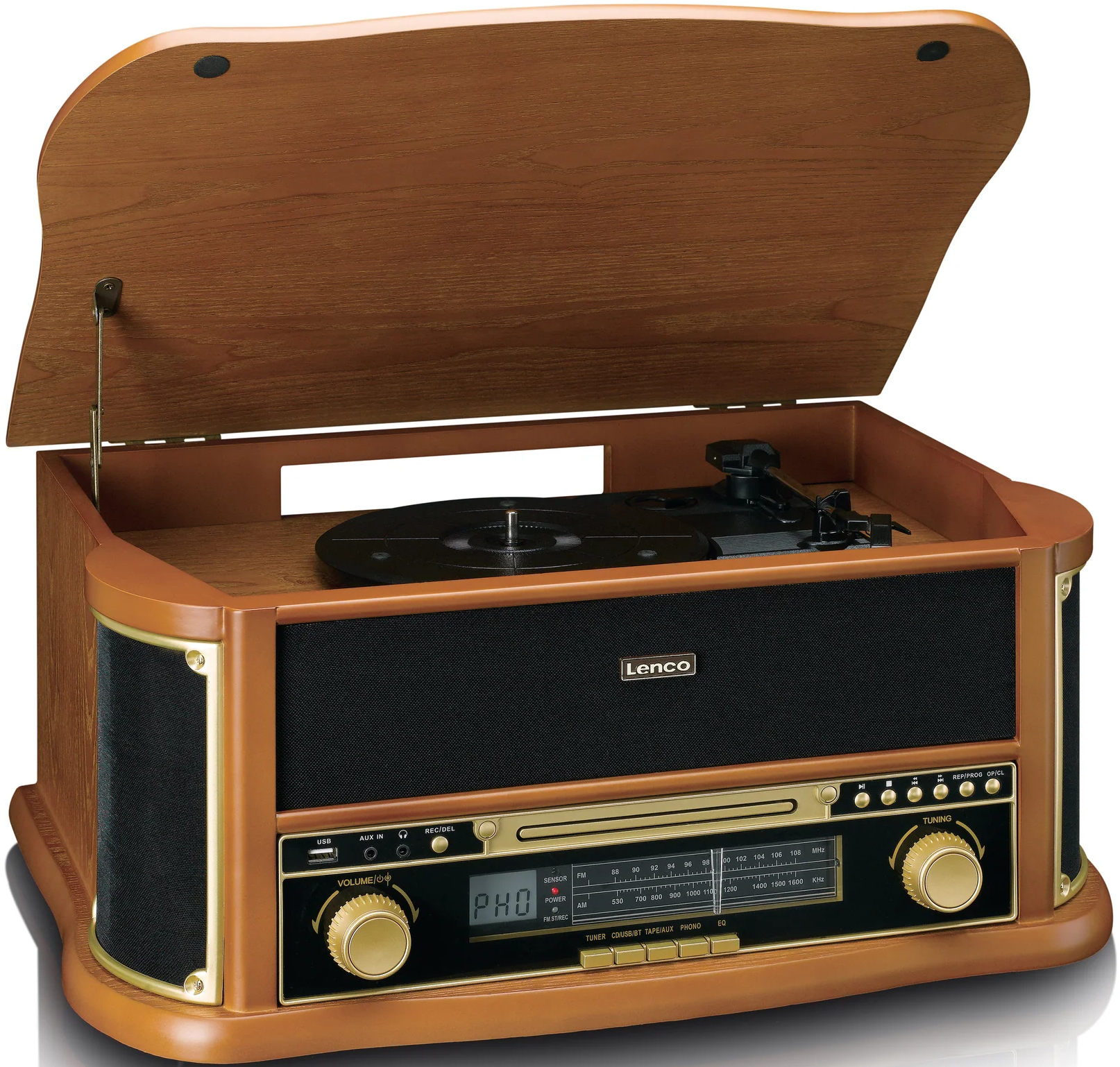 Plattenspieler in Holzoptik mit Radio, CD-Player und Lautstärkereglern.