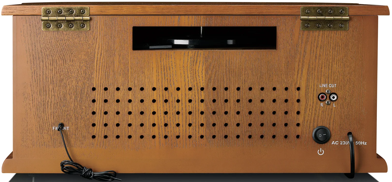 Rückseite eines Retro-Plattenspielers aus Holz mit Eingängen, Ausgängen und Netzschalter.