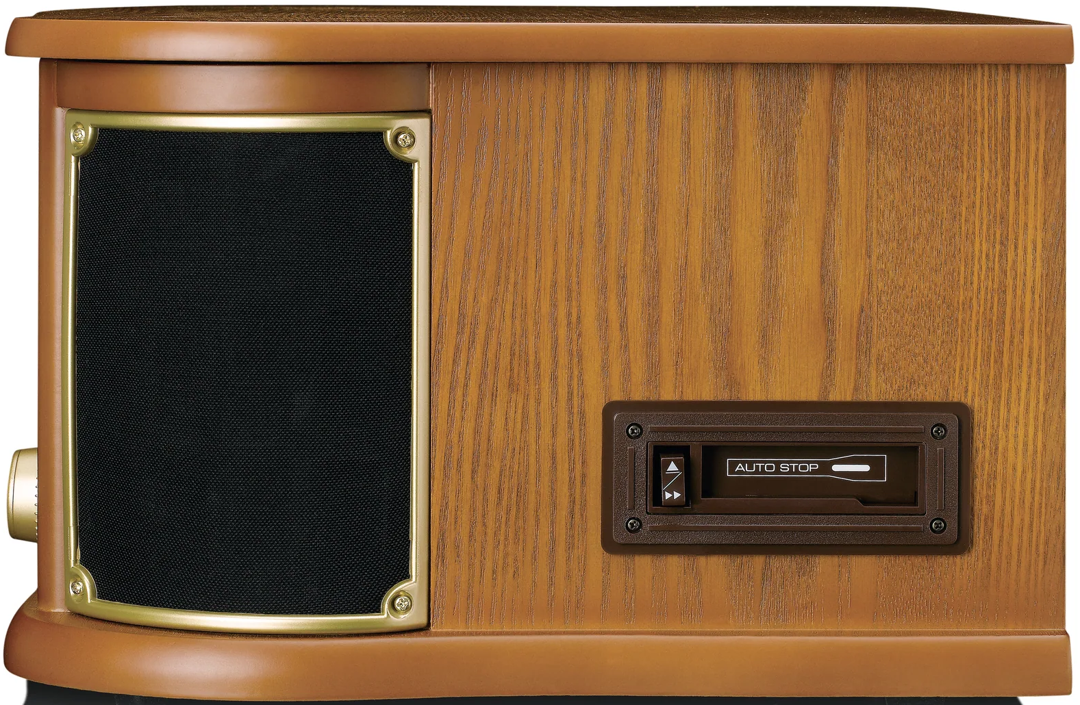 Ein Holzschrank mit Lautsprecher und einem Auto-Stopp-Player.