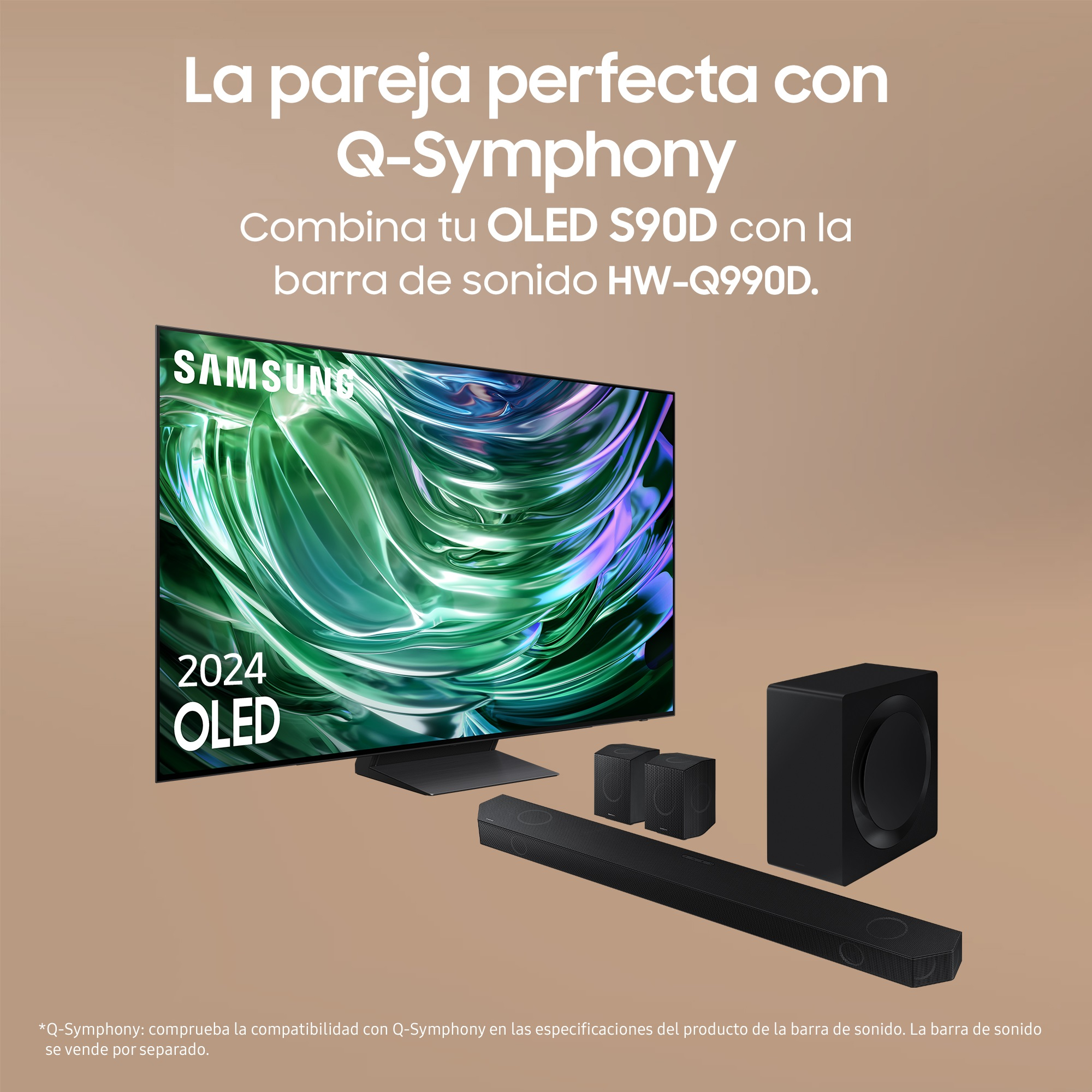 Configuración de TV y sistema de sonido, con texto: La pareja perfecta con Q-Symphony.