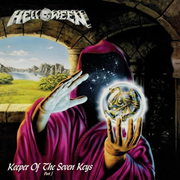 Albumcover von Helloween's "Keeper of the Seven Keys Part 1", eine vermummte Figur hält eine leuchtende Kugel.