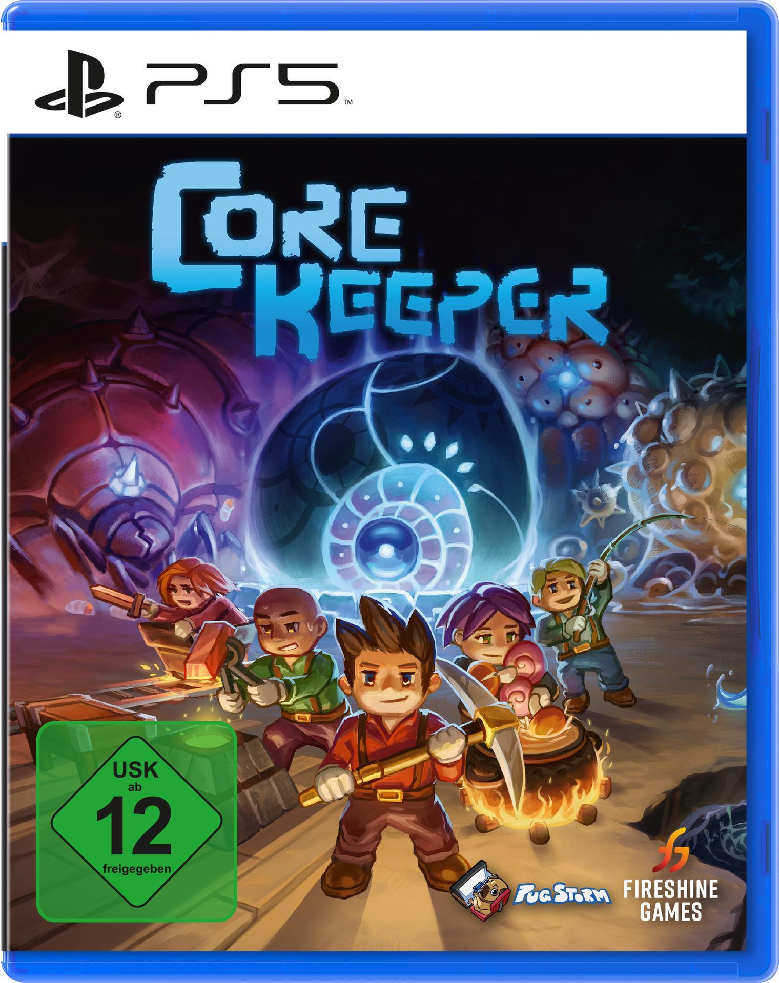PS5-Spielhülle: 'Core Keeper'. Charaktere und Höhlenumgebung. USK 12-Rating sichtbar.