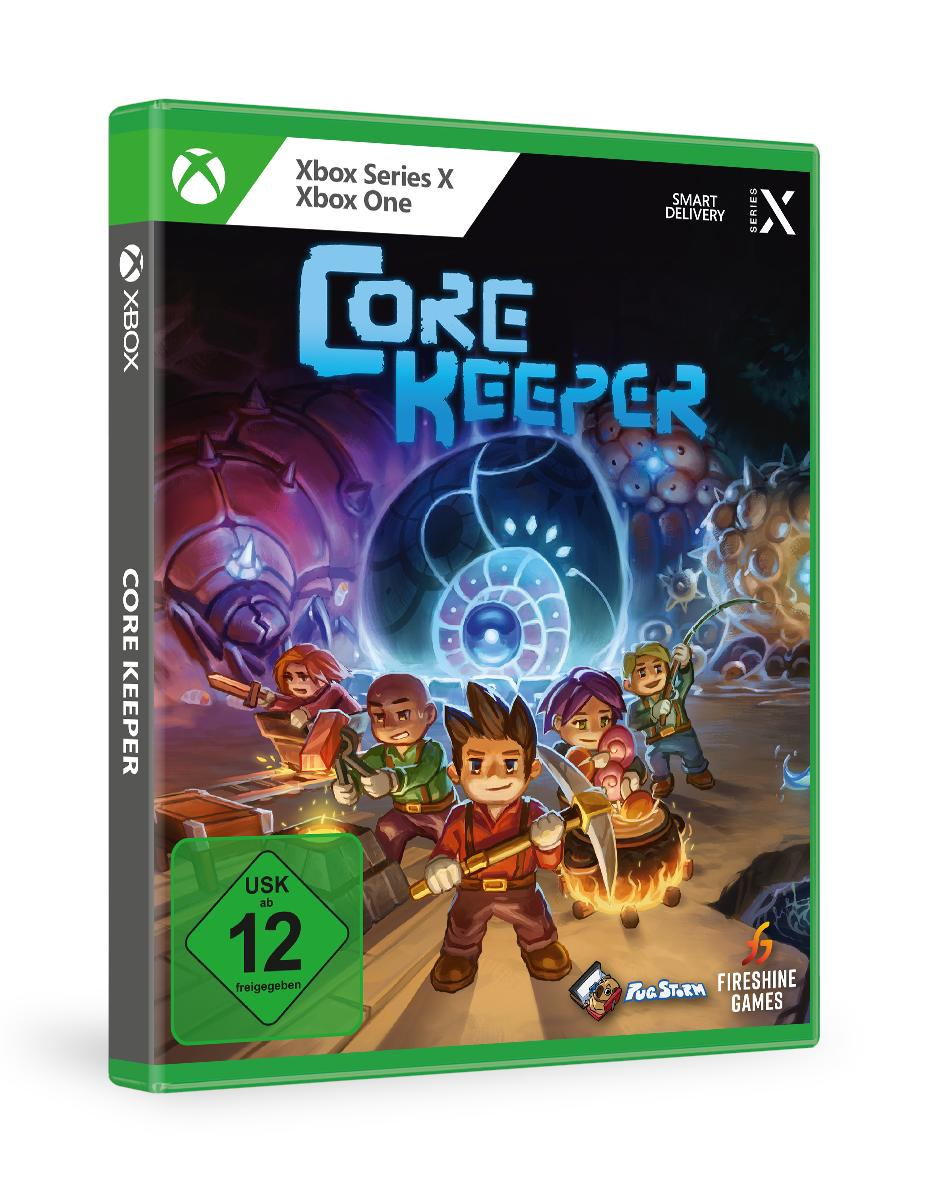 Videospielbox für 'Core Keeper' mit Charakteren, Logo und grünen Akzenten.