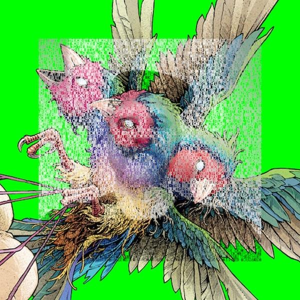 Drei bunte Vögel mit digitalen Mustern auf leuchtend grünem Hintergrund.