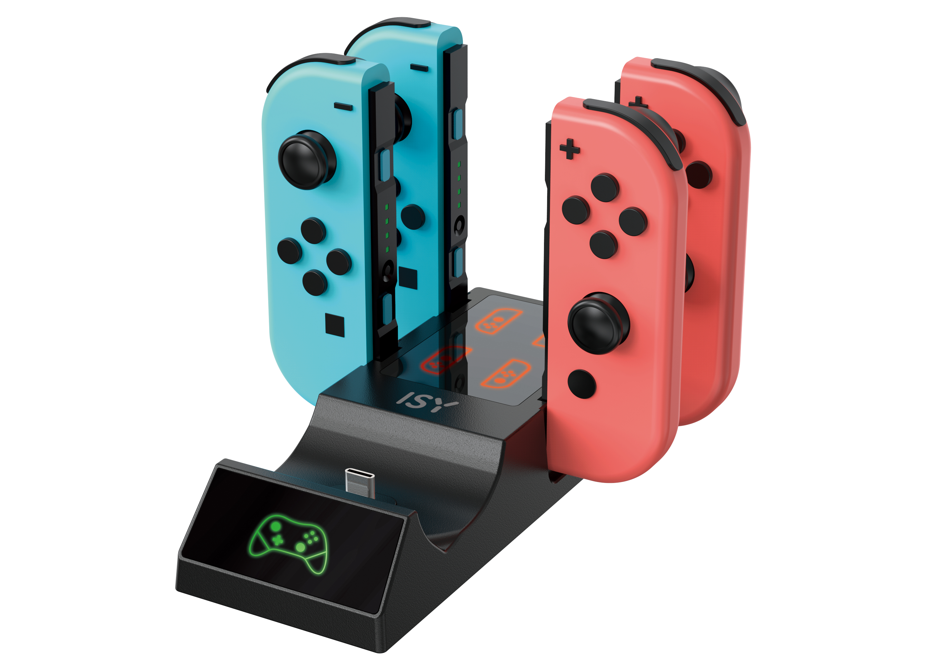 Switch Joy-Con Ladegerät: blaue und rote Controller in Ladestation, schwarze Basis, grünes Licht.
