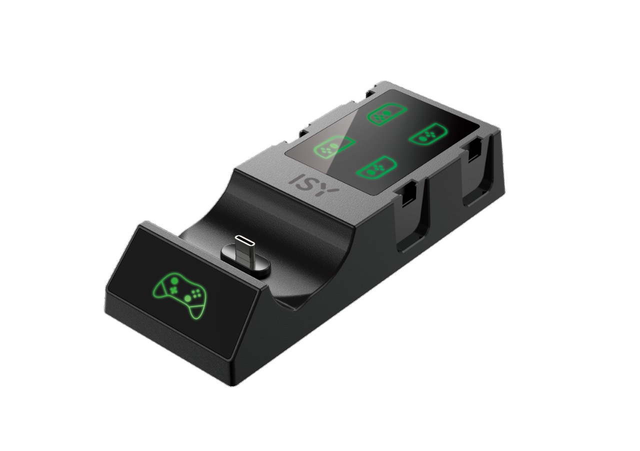 Schwarze ISY-Ladestation mit Gamepad-Symbol und grünen Lichtern. Schwarzer Hintergrund.