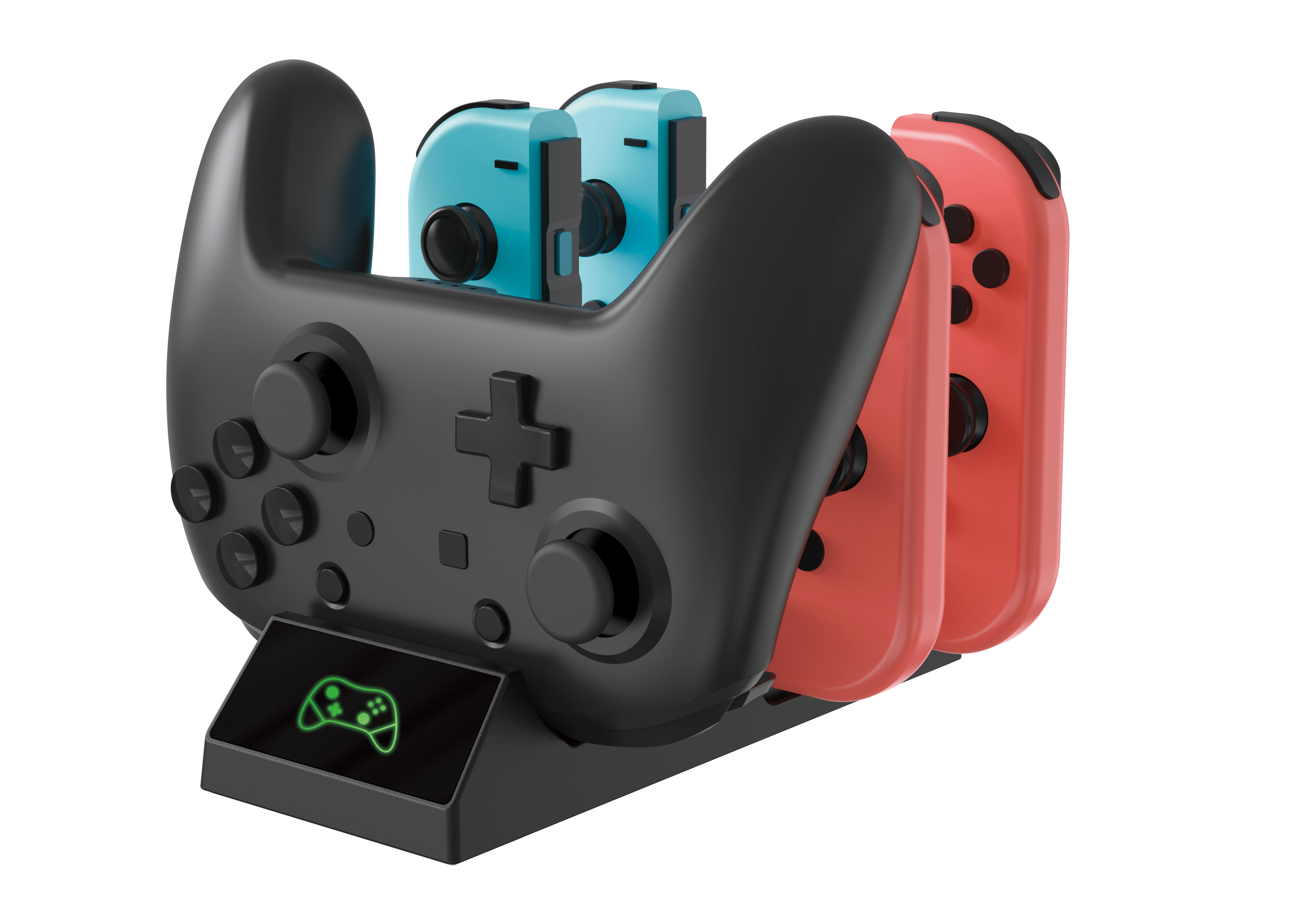Schwarzer Controller-Ständer mit blauen und roten Gamecontrollern. Ein grünes Joystick-Symbol wird angezeigt.