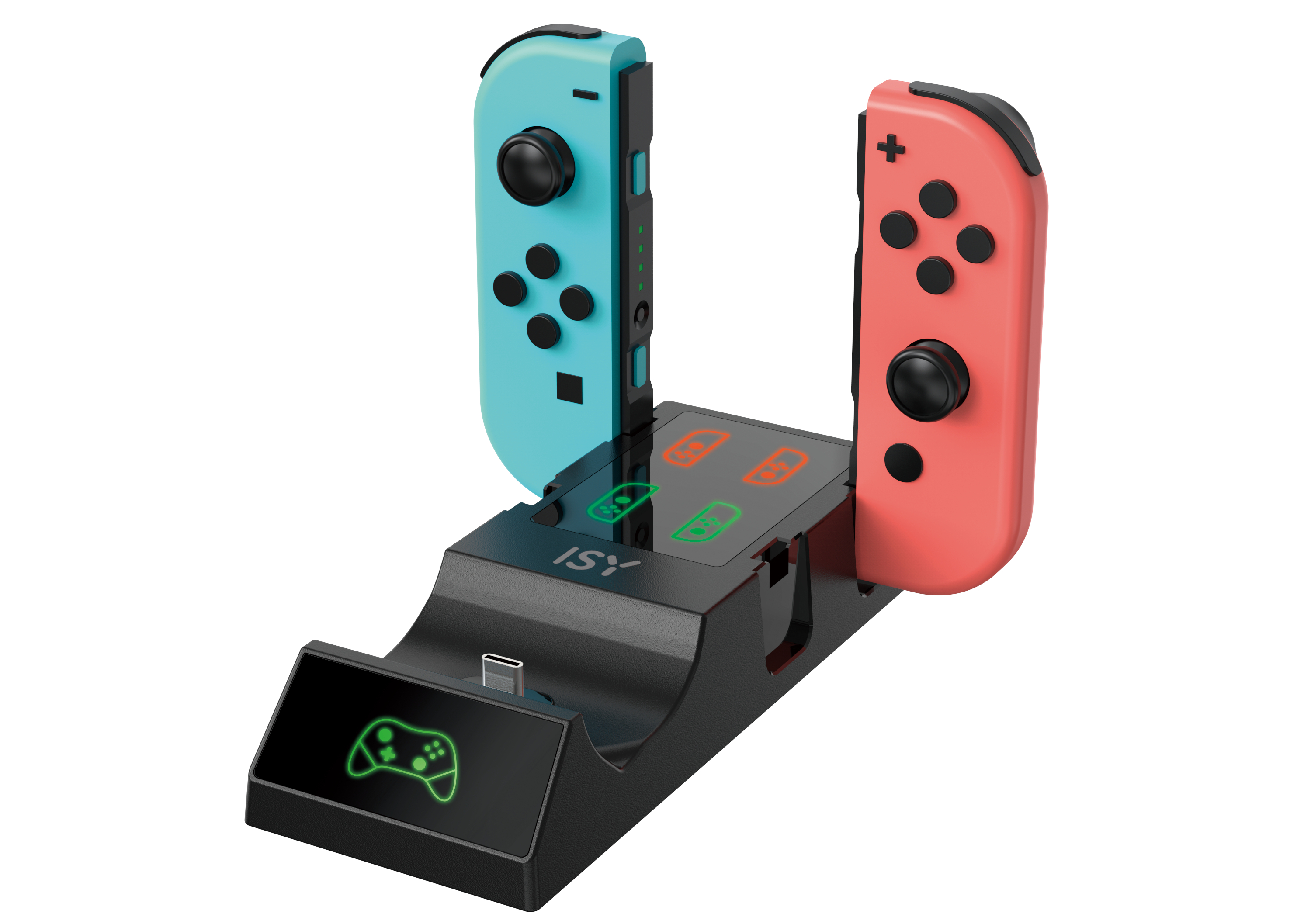 Eine schwarze Ladestation mit zwei Joy-Con-Controllern.