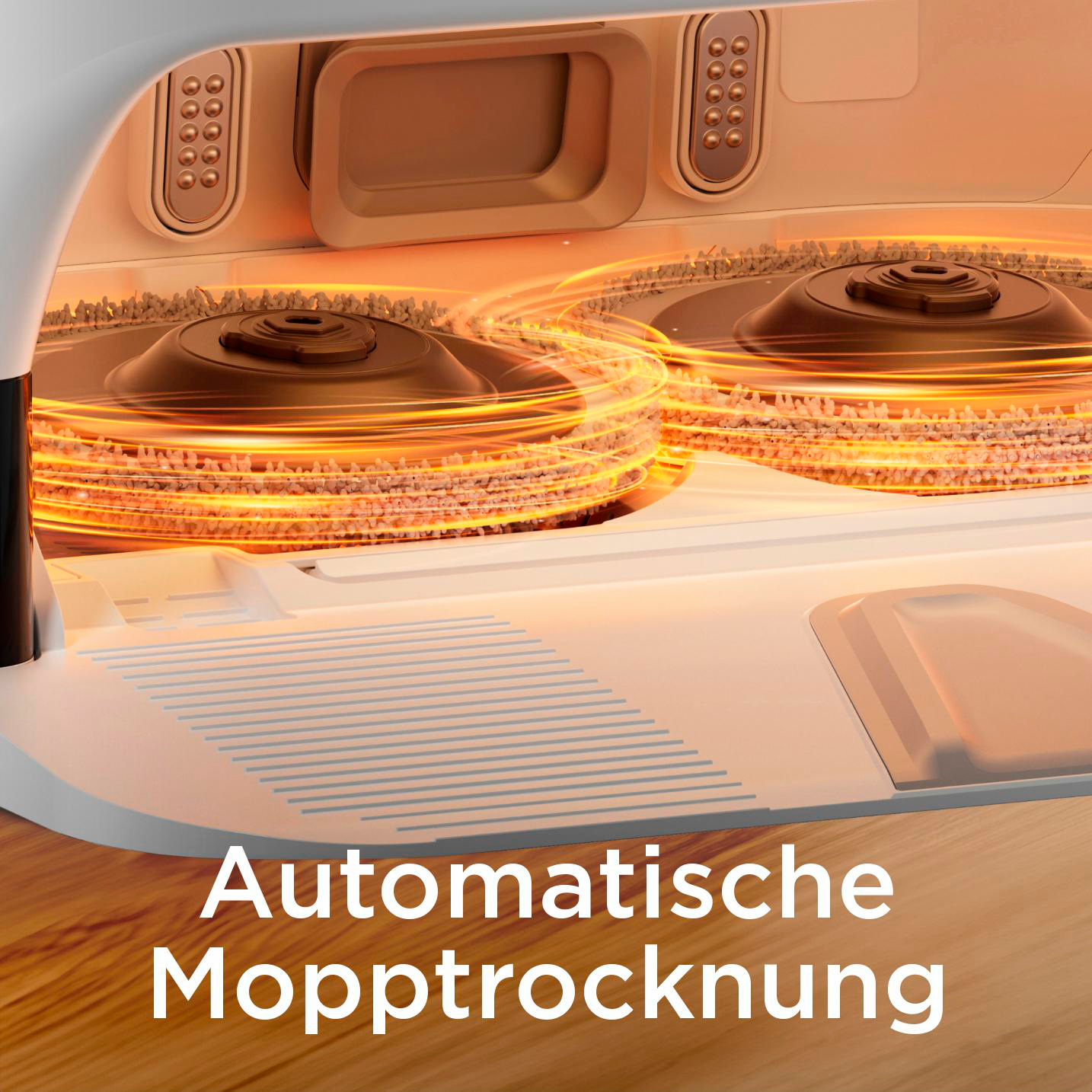 Weiße und hellbraune Reinigungsmaschine mit rotierenden Pads. Text: 'Automatische Mopptrocknung'.