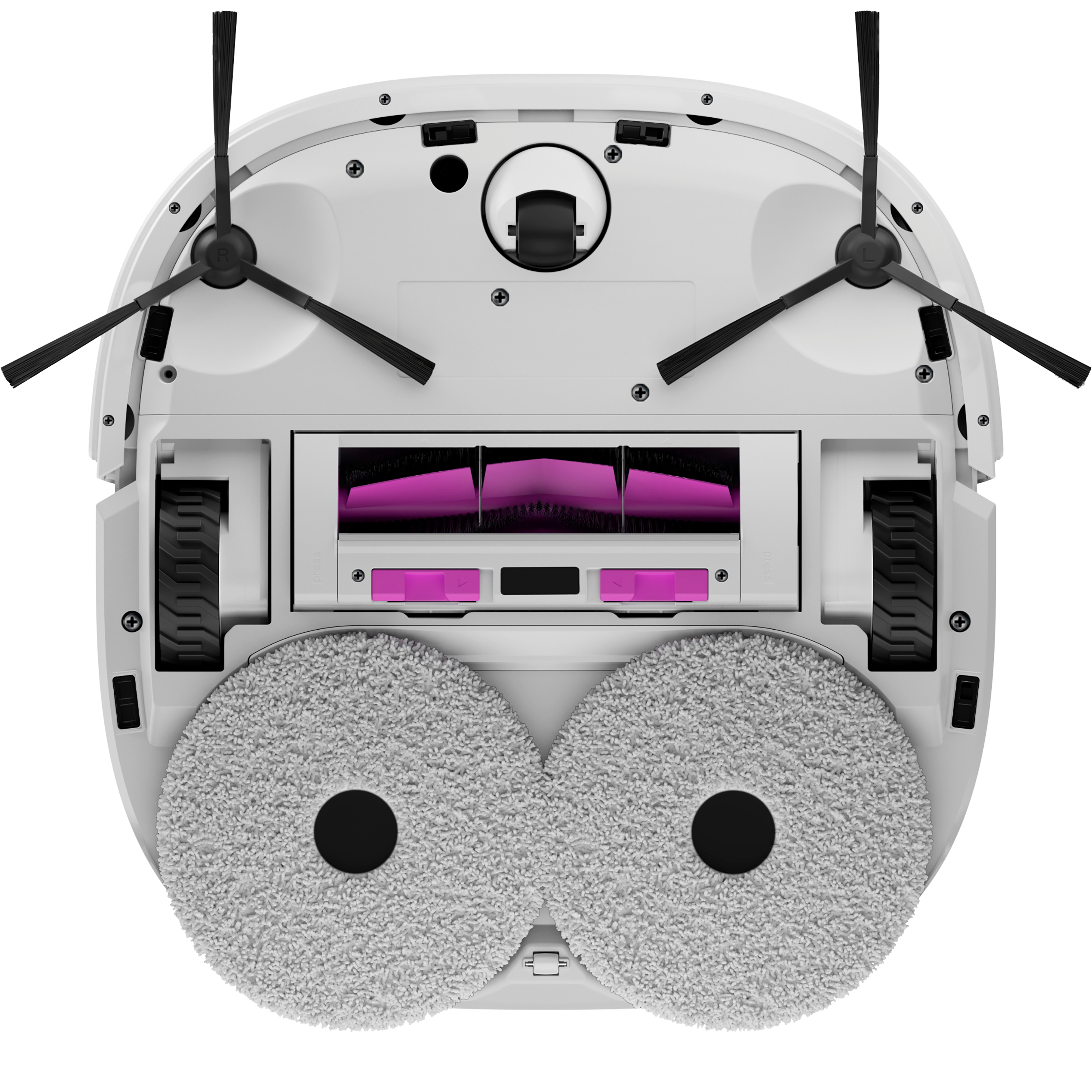 Die Unterseite eines weißen Roboter-Staubsaugers mit sichtbaren Bürsten und Reinigungspads.