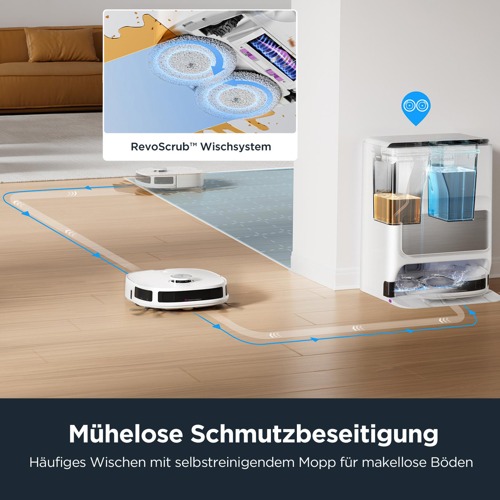 Roboter-Staubsauger reinigt einen Holzboden. Eine Dockingstation befindet sich rechts. Das Bild zeigt auch einen Reinigungskopf.