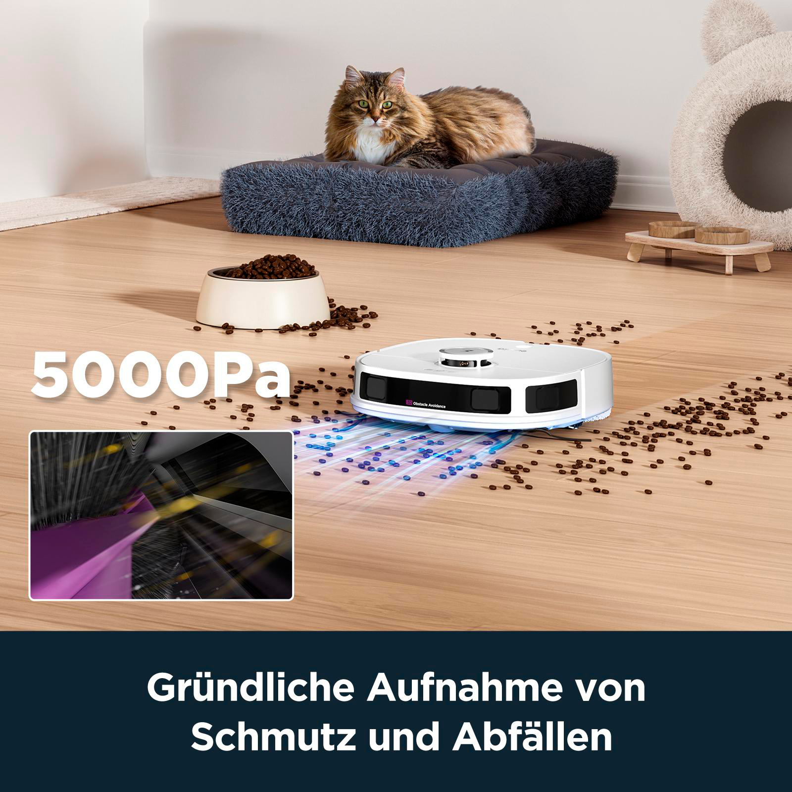 Ein weißer Roboter-Staubsauger, der reinigt, mit Katze auf einem Bett. Futternapf und Textüberlagerung.