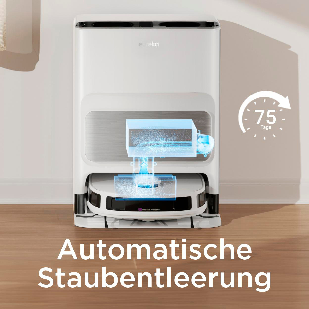 Ein weißer Eureka-Roboterstaubsauger mit Dockingstation, mit den Worten: Automatische Staubentleerung.