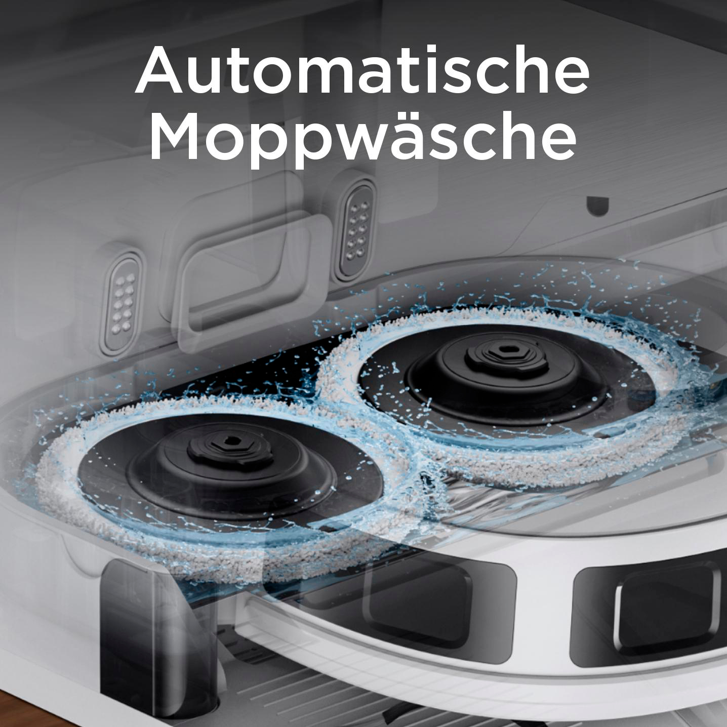 Nahaufnahme der rotierenden Reinigungspads eines Robotermops. Text: 'Automatische Moppwäsche'.