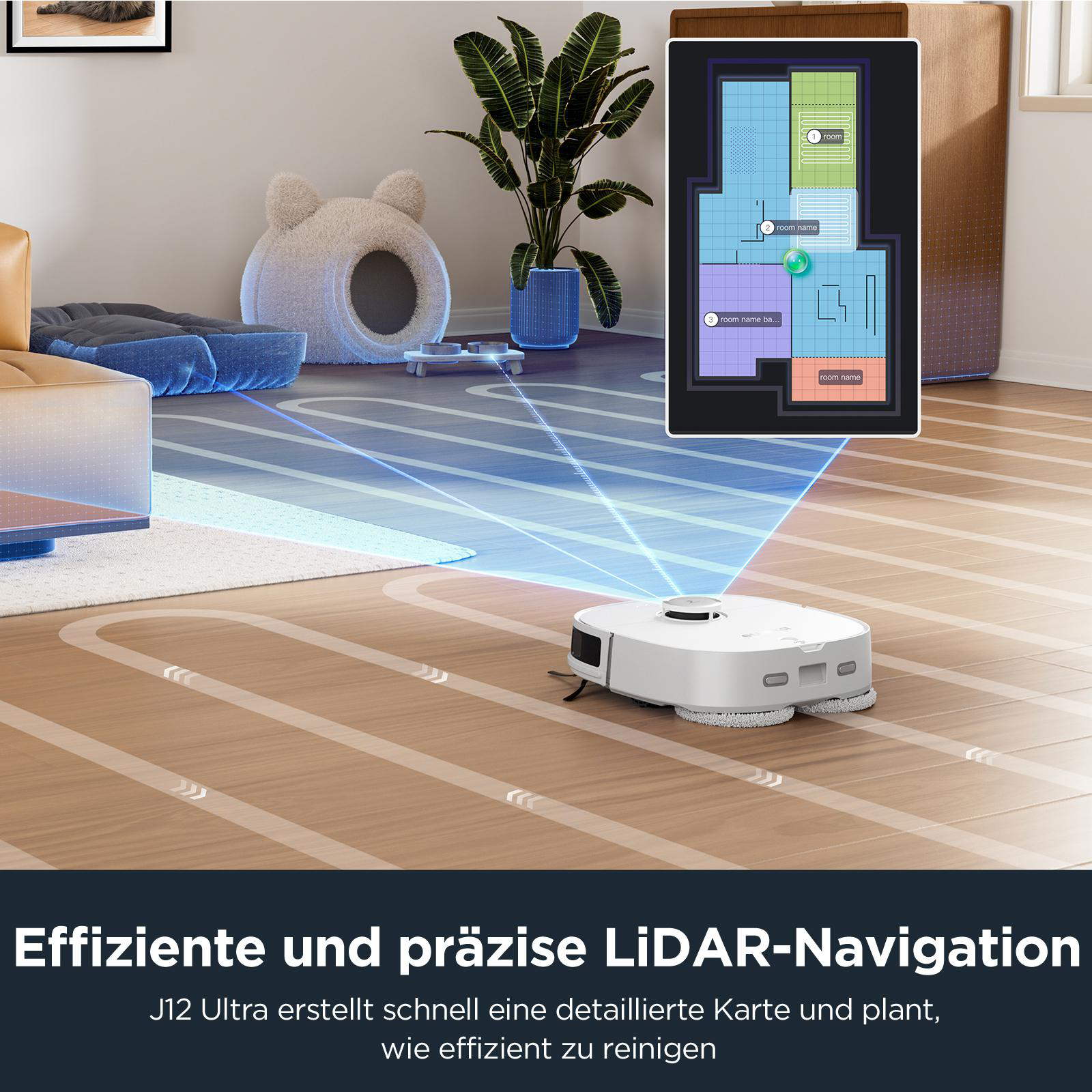 Ein Roboter-Staubsauger auf Holzboden, mit digitaler Kartenüberlagerung des Raumes.