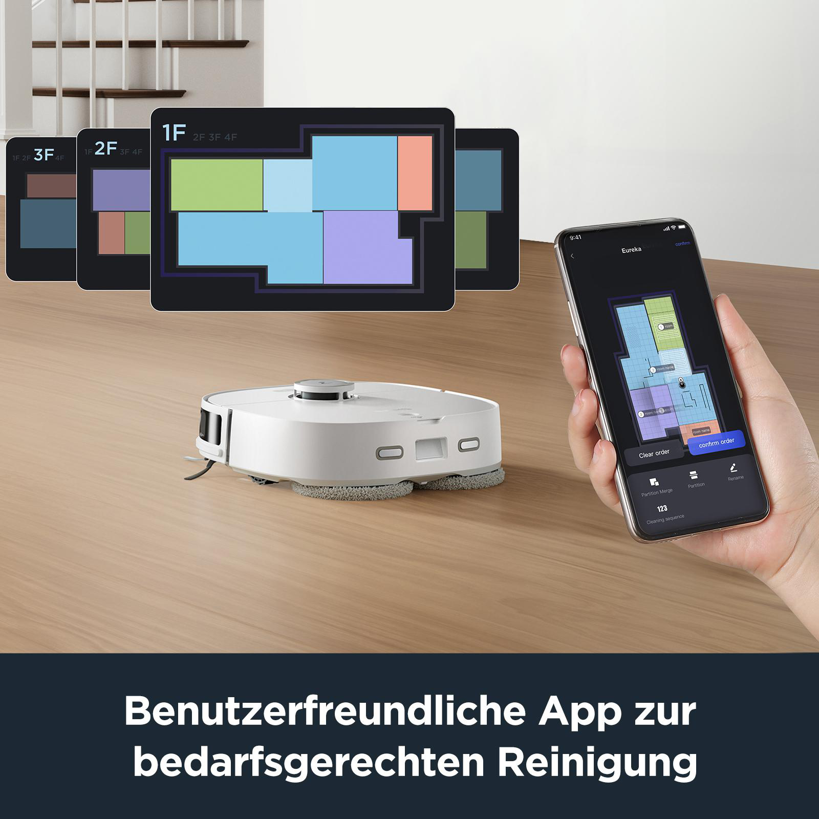 Roboter-Staubsauger, Telefon mit App-Oberfläche und Grundrisse auf einer Holzoberfläche.