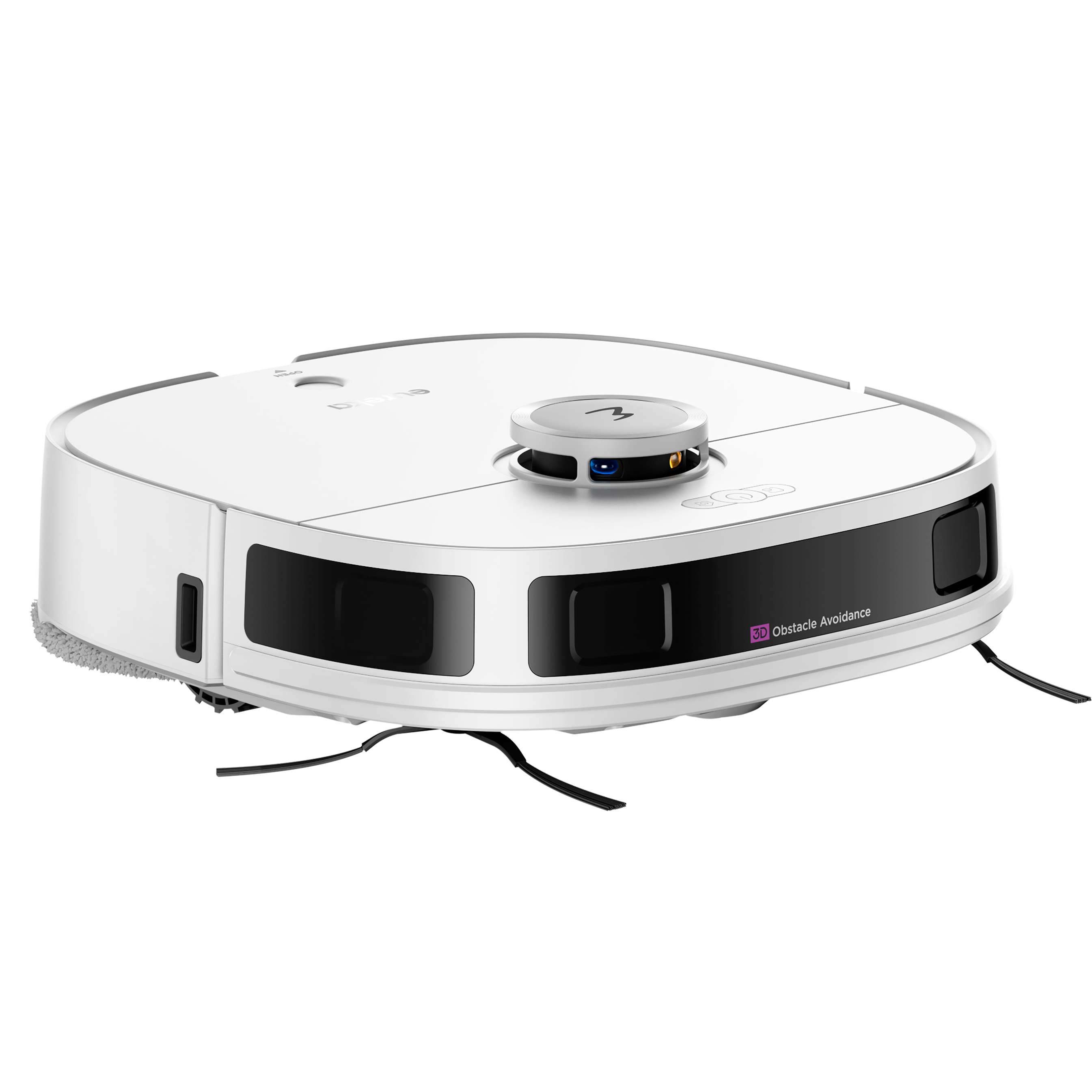 Ein weißer Roboter-Staubsauger mit Sensoren auf weißem Hintergrund.