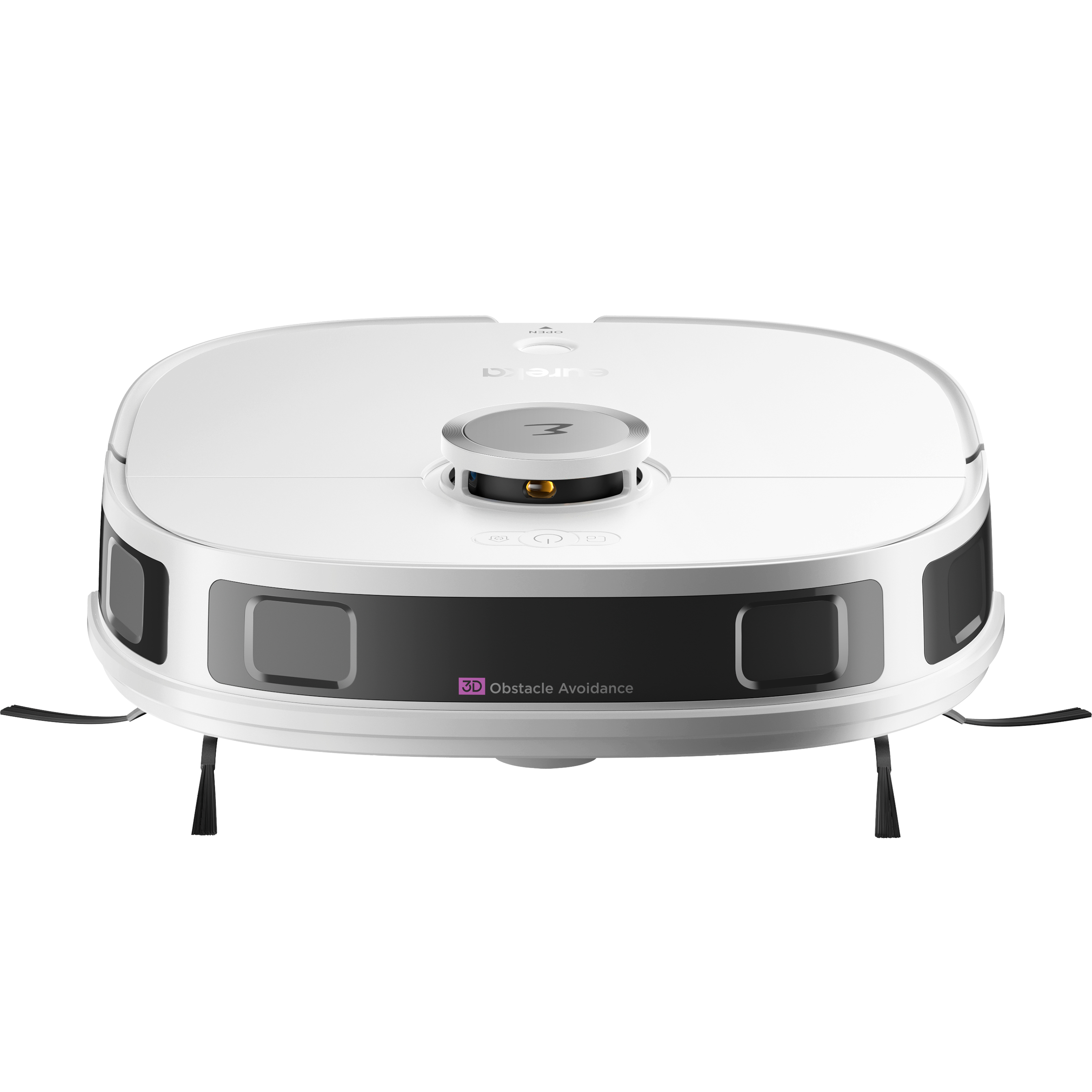 Weißer Roboter-Staubsauger mit drei schwarzen Sensoren auf weißem Hintergrund.