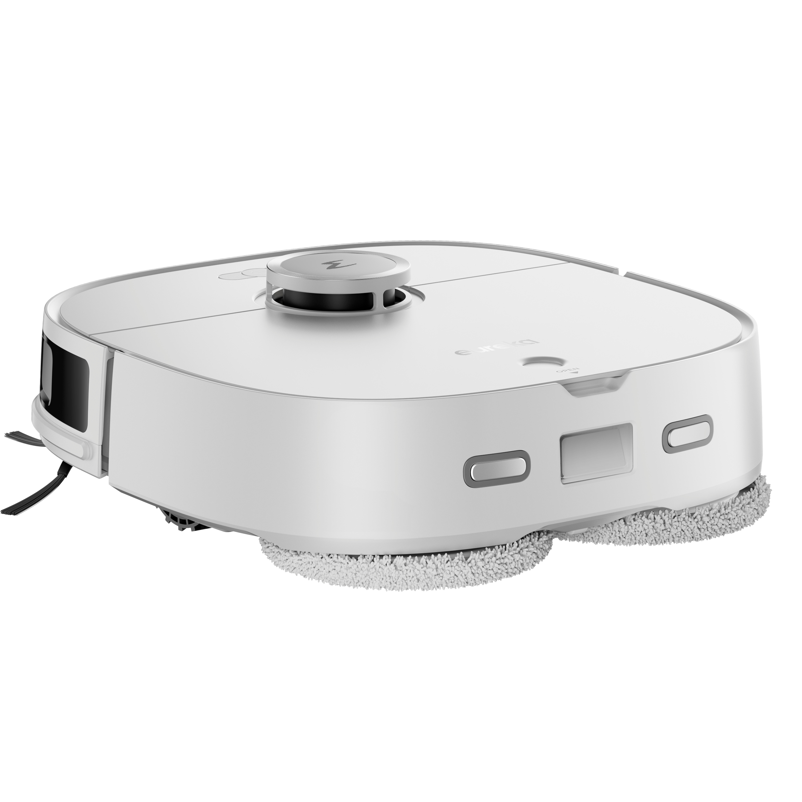 Weißer Roboter-Staubsauger mit rundem Sensor. Mit zwei Reinigungspads.