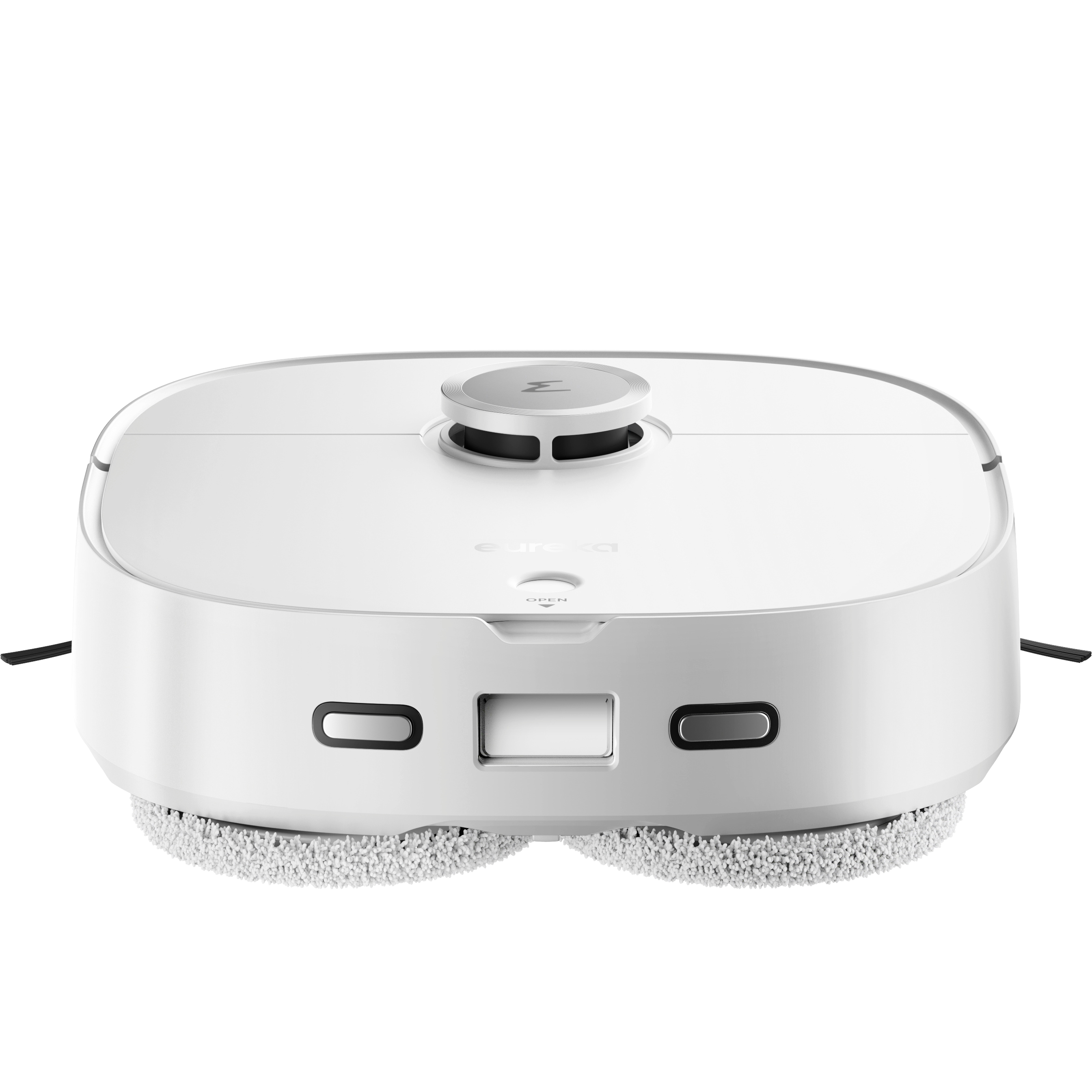 Weißer Roboter-Staubsauger mit zwei rotierenden Bürsten.