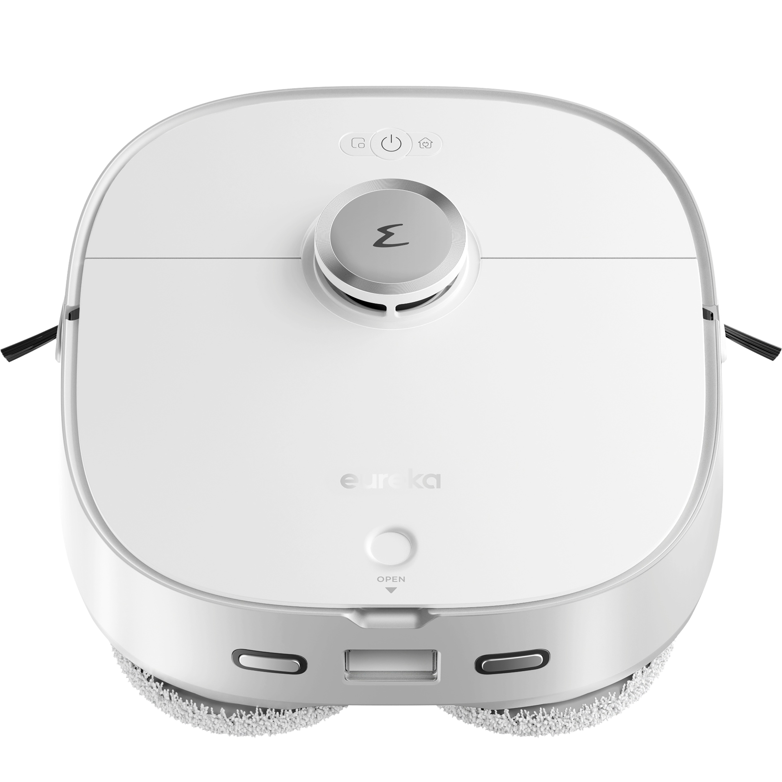 Ein weißer Roboter-Staubsauger mit zwei rotierenden Bürsten und einem Ein- / Ausschalter.