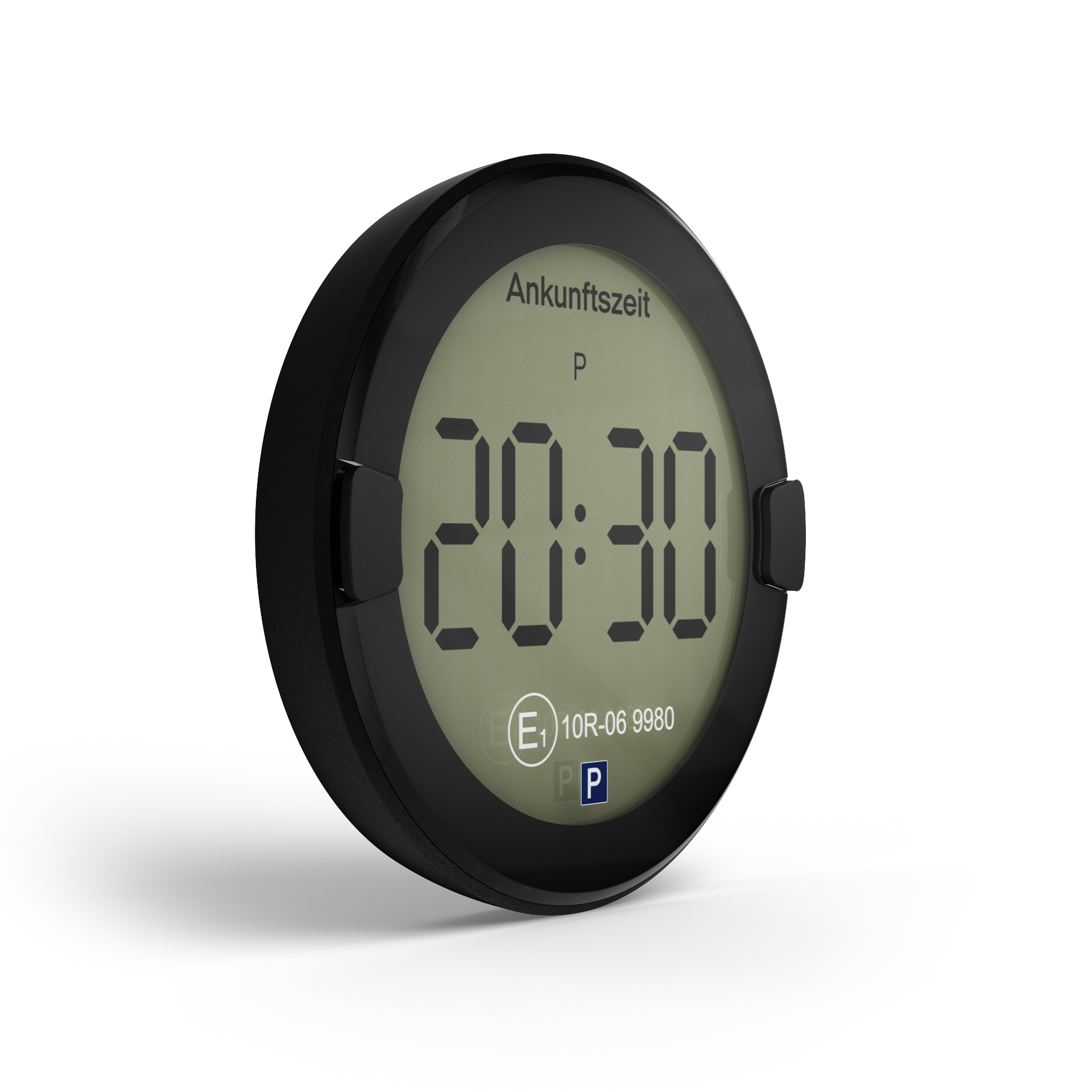 Schwarzer Parkuhrtimer mit Digitalanzeige, zeigt 20:30. Weißer Hintergrund.