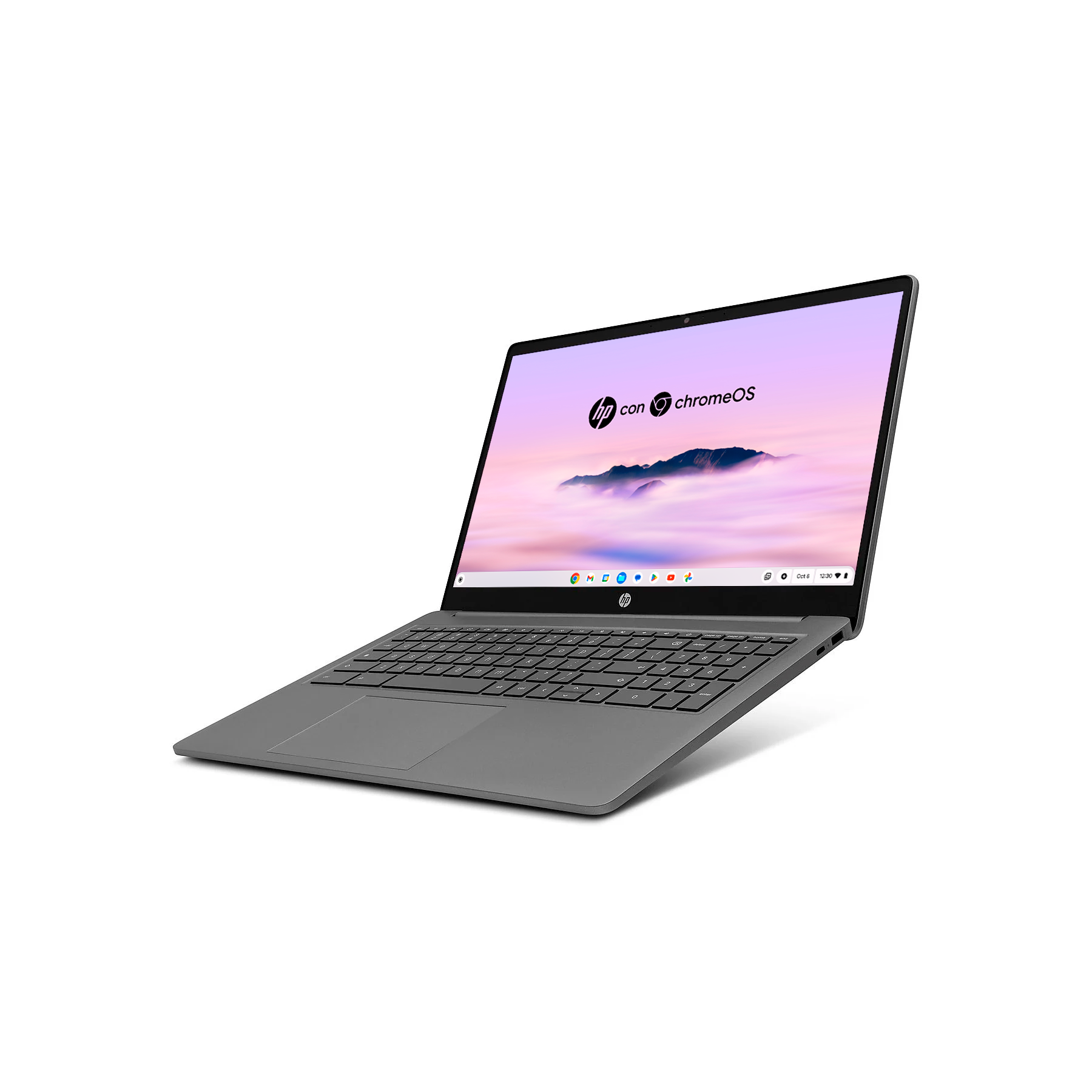 Un portátil HP Chromebook gris sobre un fondo blanco.
