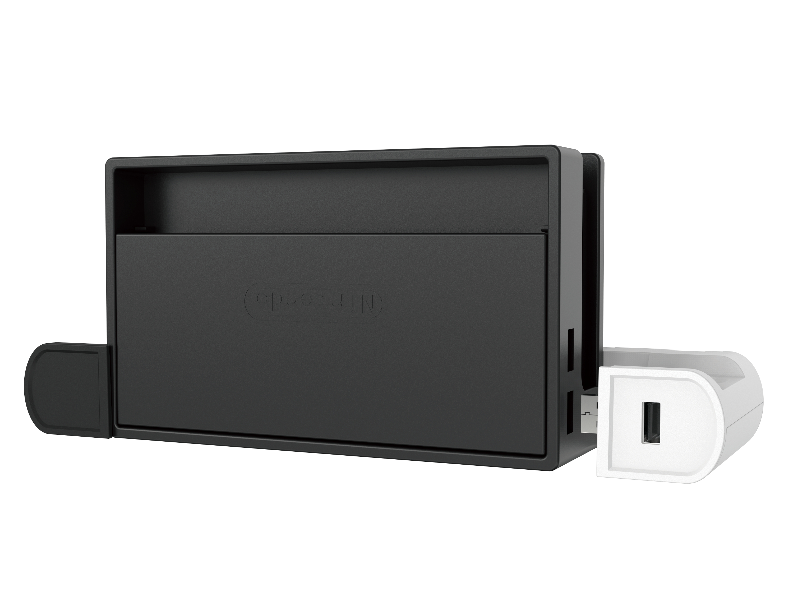 Ein schwarzes Nintendo Switch Dock mit einem weißen Netzteil auf der rechten Seite, weißer Hintergrund.