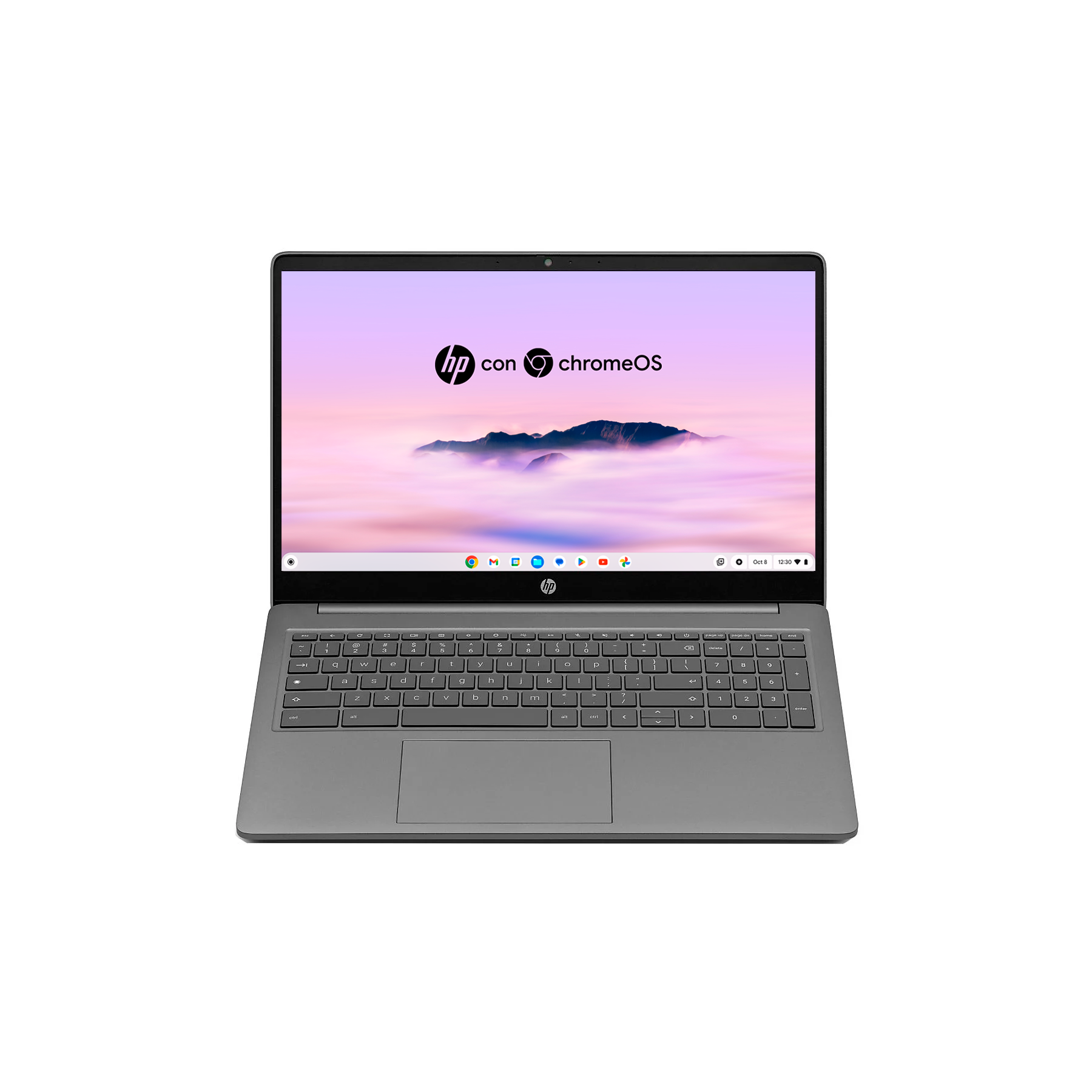 Un portátil Chromebook HP gris abierto sobre una superficie negra, mostrando la pantalla.