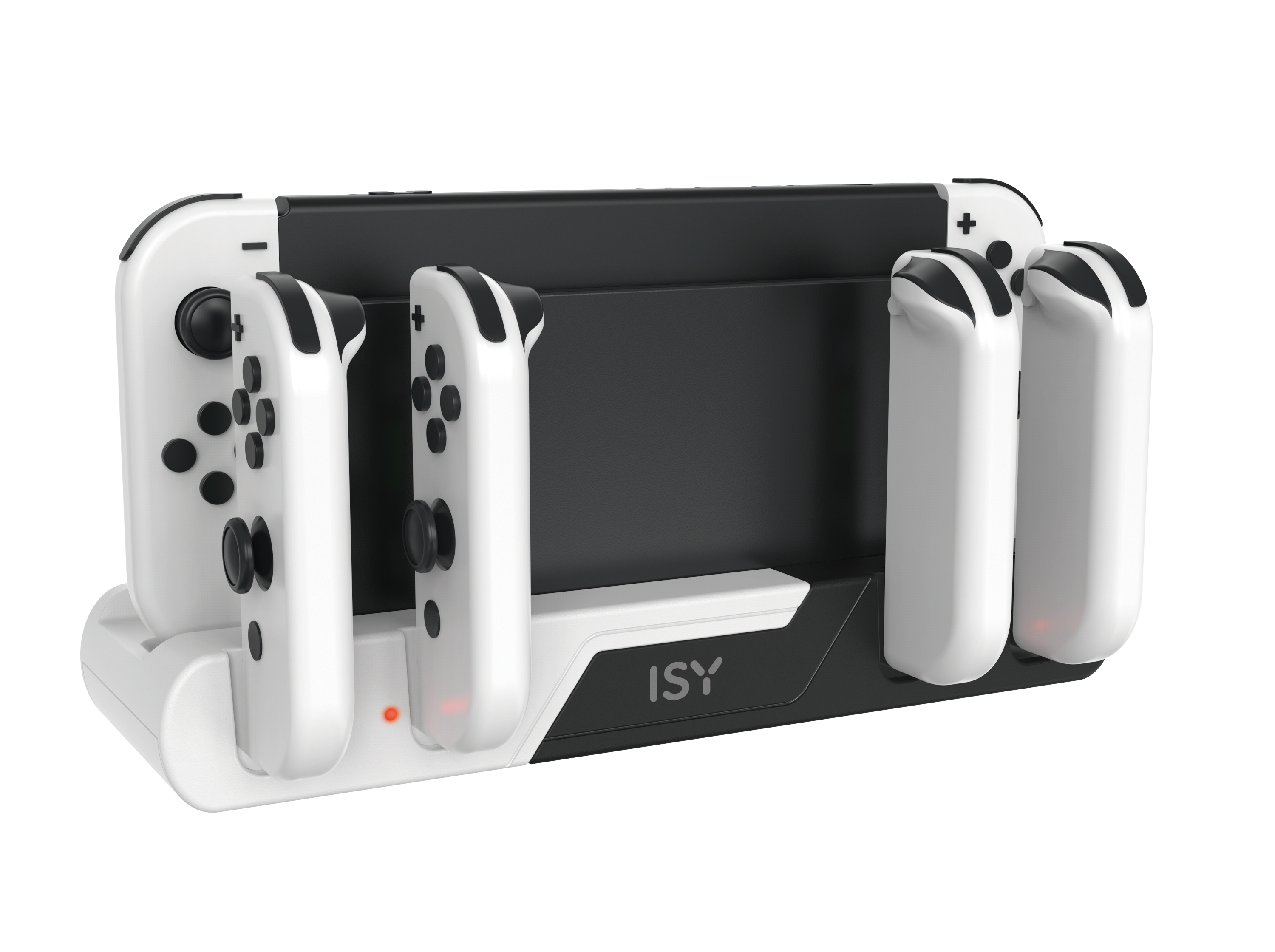 Eine Ladestation für eine Switch-Konsole mit zwei angeschlossenen Controllern und zwei offenen Steckplätzen.