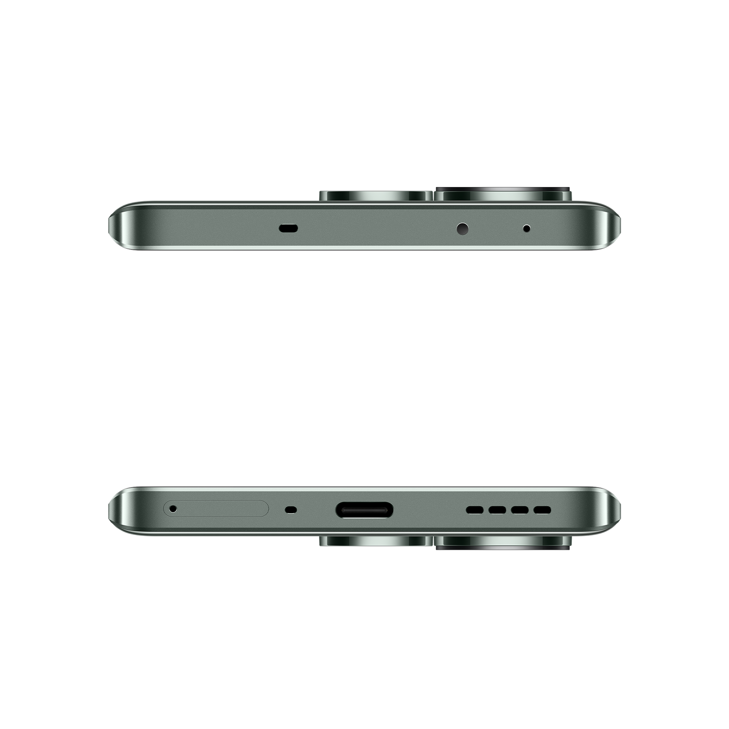 Dos lados de un teléfono inteligente verde, mostrando los bordes superior e inferior.