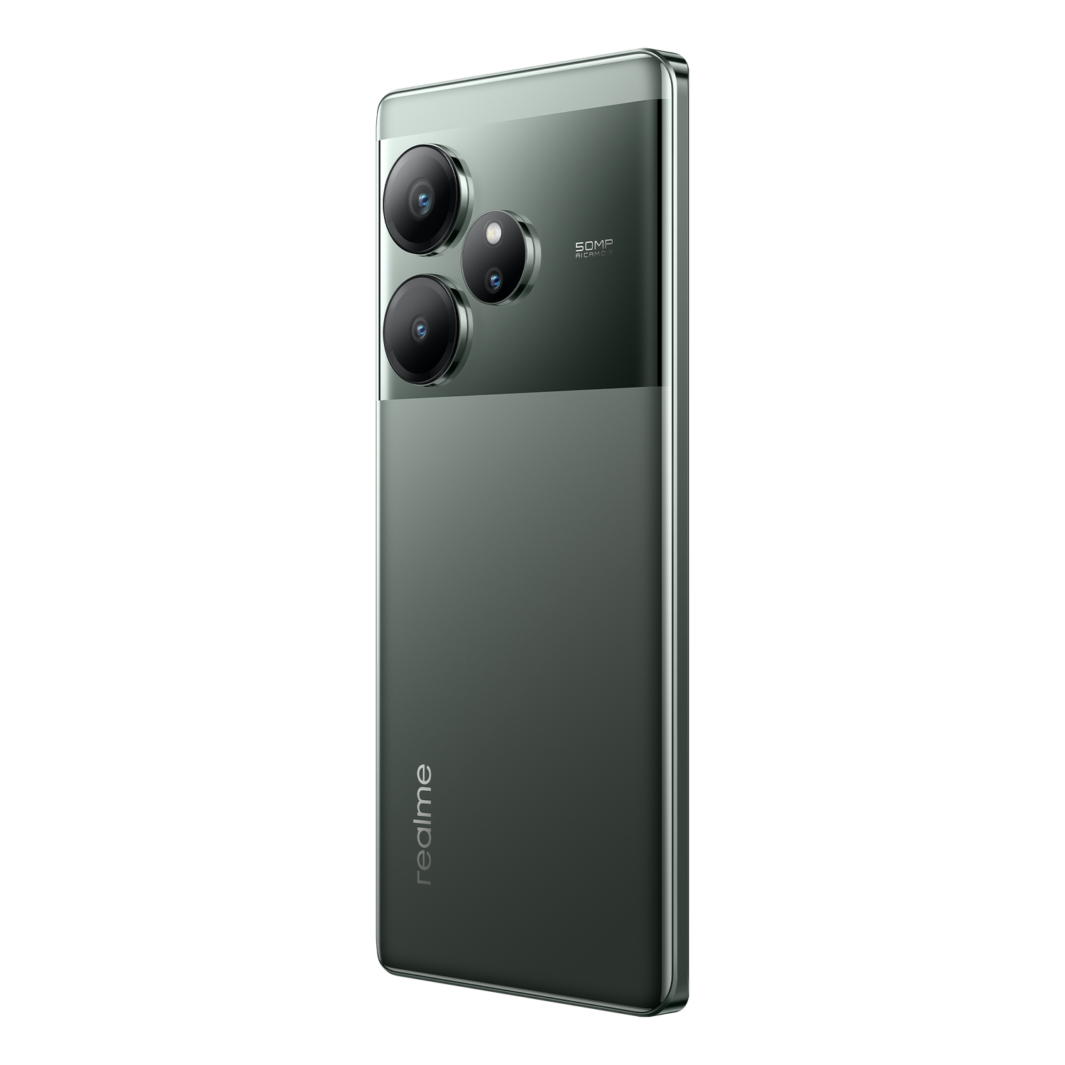 Smartphone Realme verde con tres cámaras traseras. Logotipo Realme abajo.