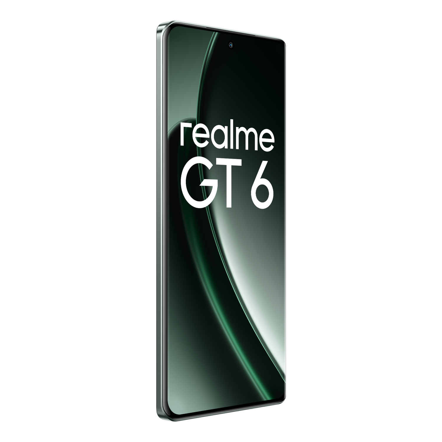 Un smartphone sobre fondo negro, con el texto 'realme GT 6' en la pantalla.