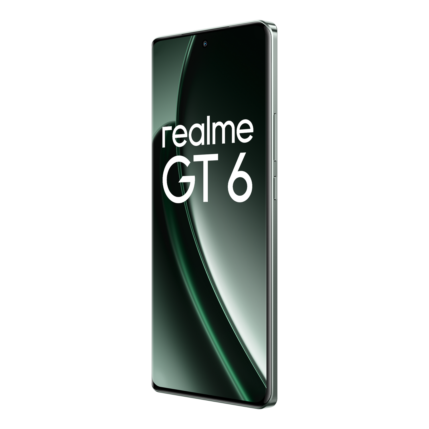 Smartphone Realme GT 6, vista lateral, fondo negro. Pantalla muestra el nombre de la marca.