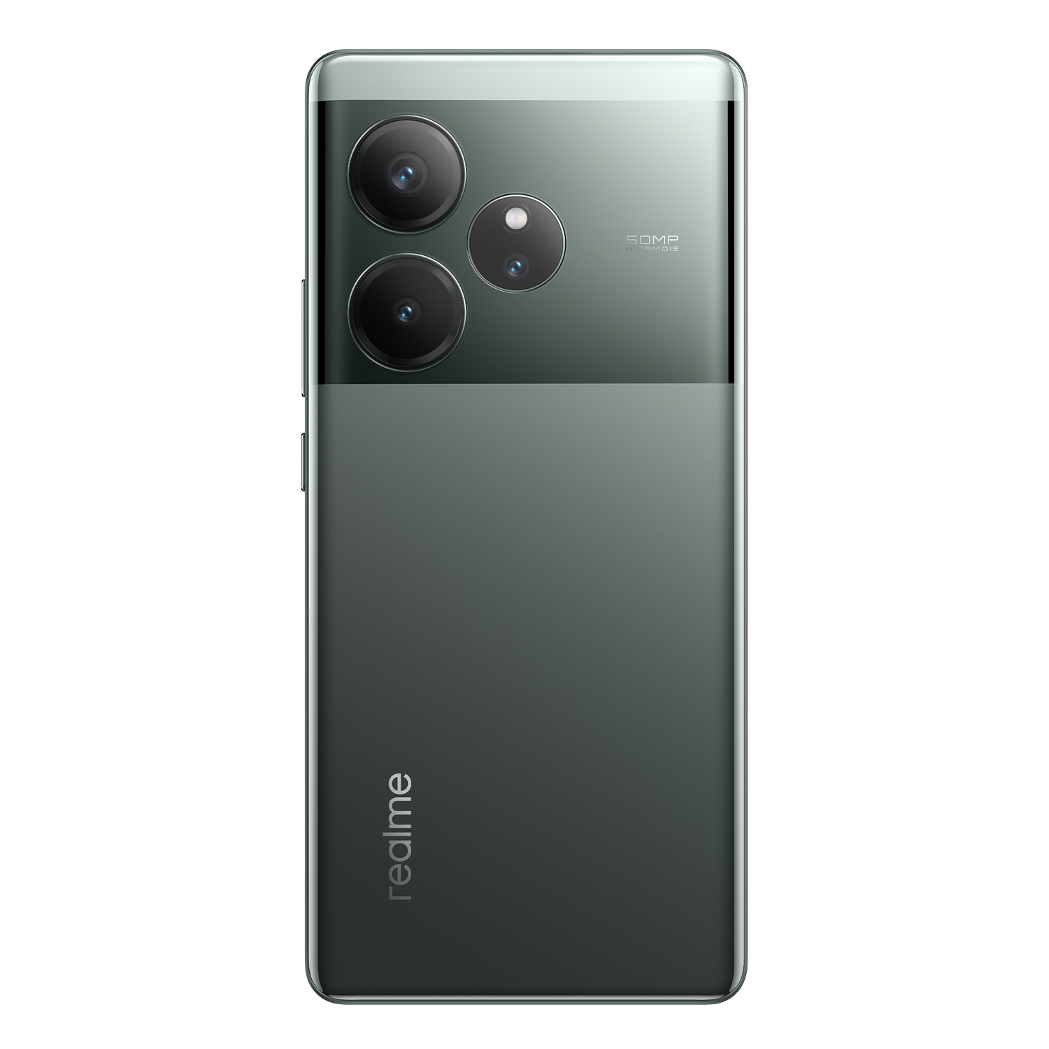 Vista trasera de un smartphone verde con tres cámaras y el logo 'realme' sobre fondo negro.