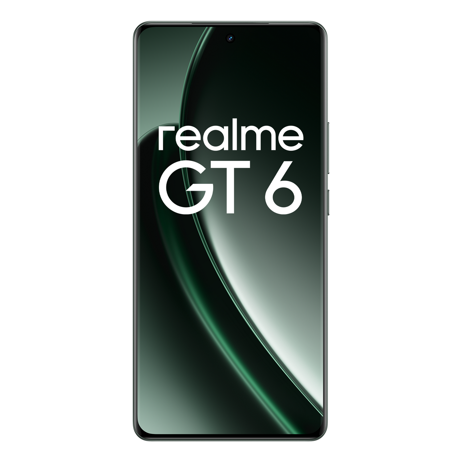 Pantalla de smartphone mostrando texto realme GT 6 sobre fondo verde oscuro.
