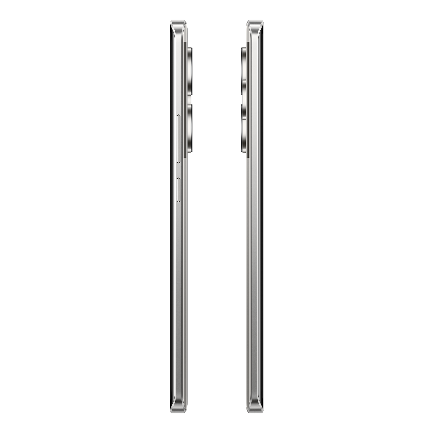 Dos smartphones colocados uno al lado del otro. Los teléfonos son plateados y tienen un diseño elegante y moderno.