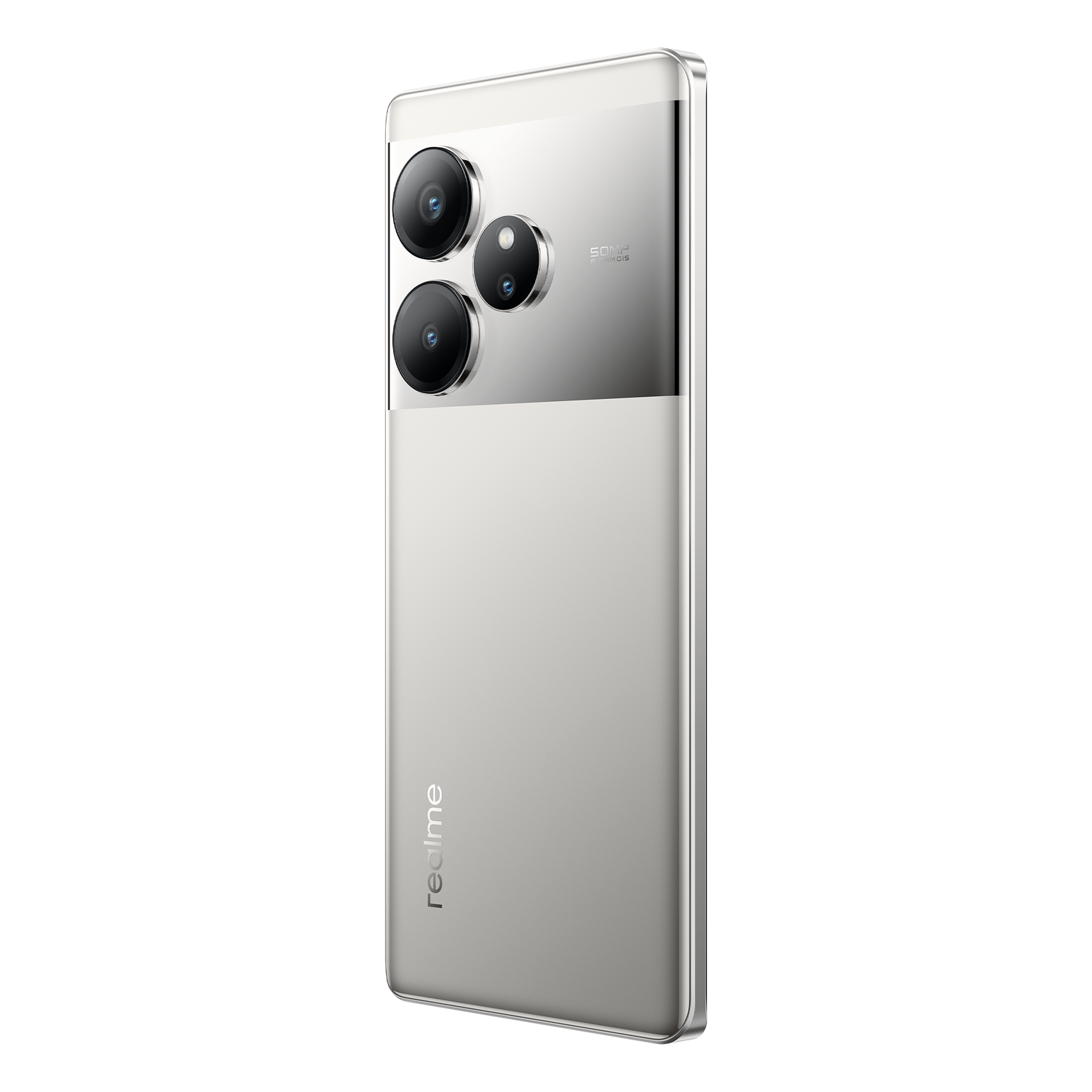 Smartphone plateado con tres cámaras traseras, diseño blanco y plateado y la marca 'realme'.