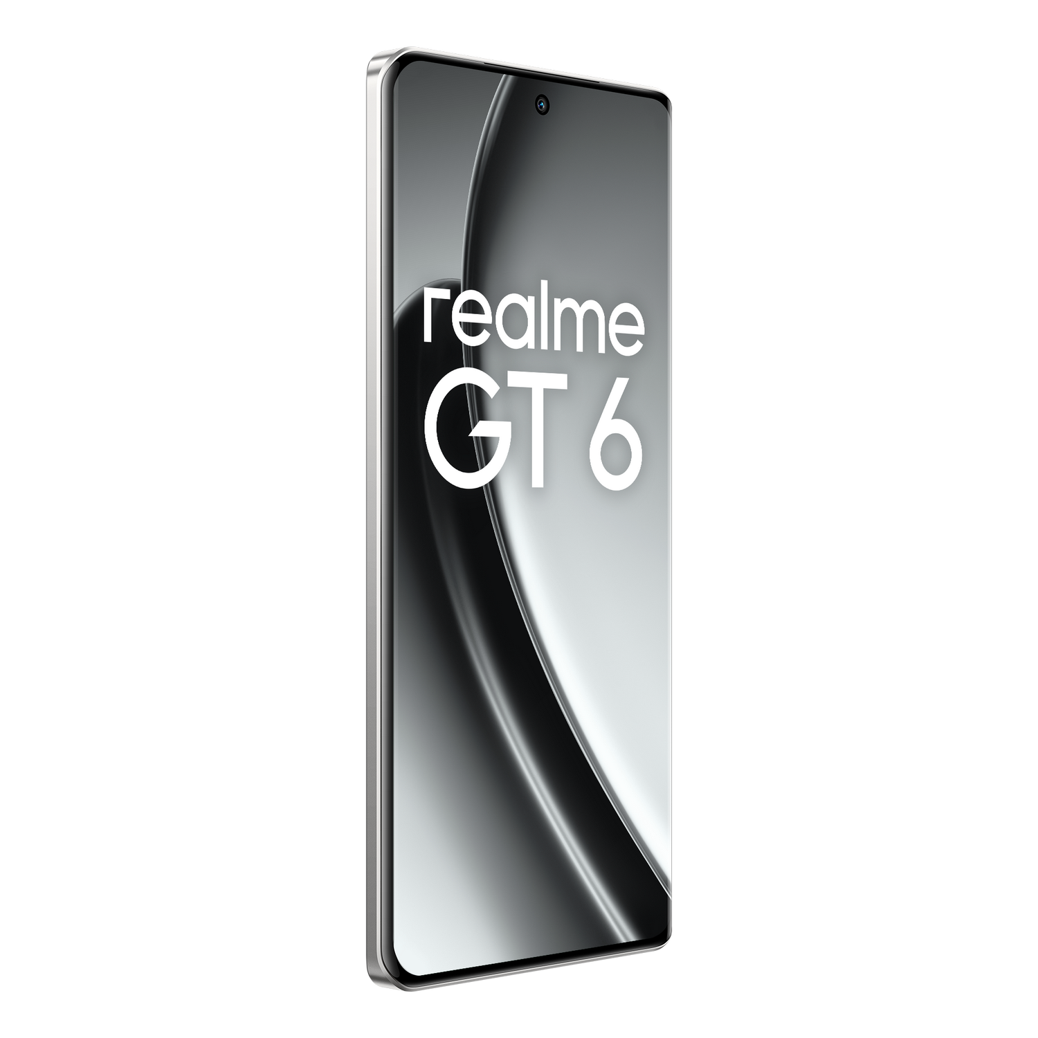 Un teléfono, realme GT 6, se presenta verticalmente, con la pantalla hacia el espectador, sobre fondo negro.
