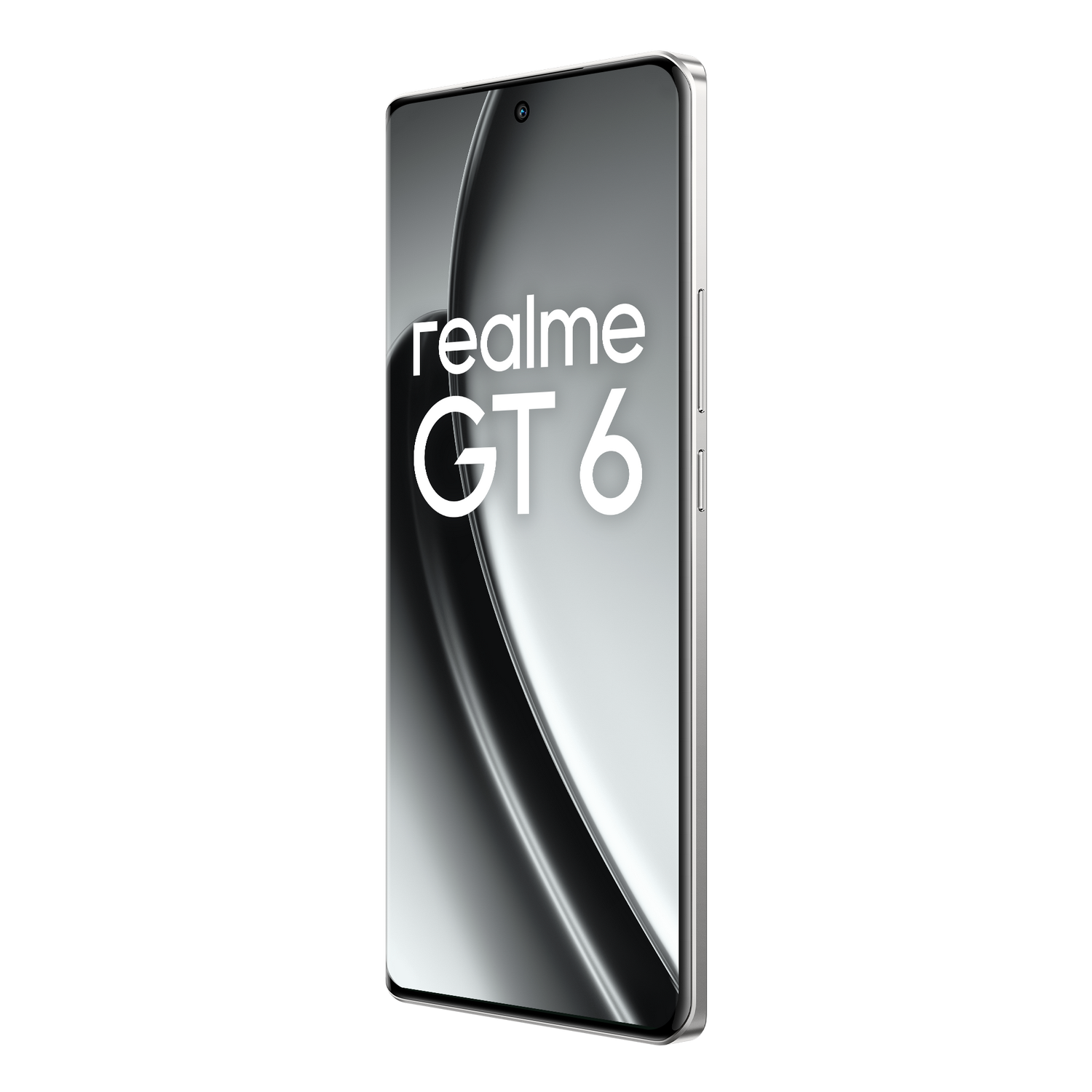 Un smartphone Realme GT 6 plateado sobre fondo negro, mostrando el nombre del teléfono en la pantalla.