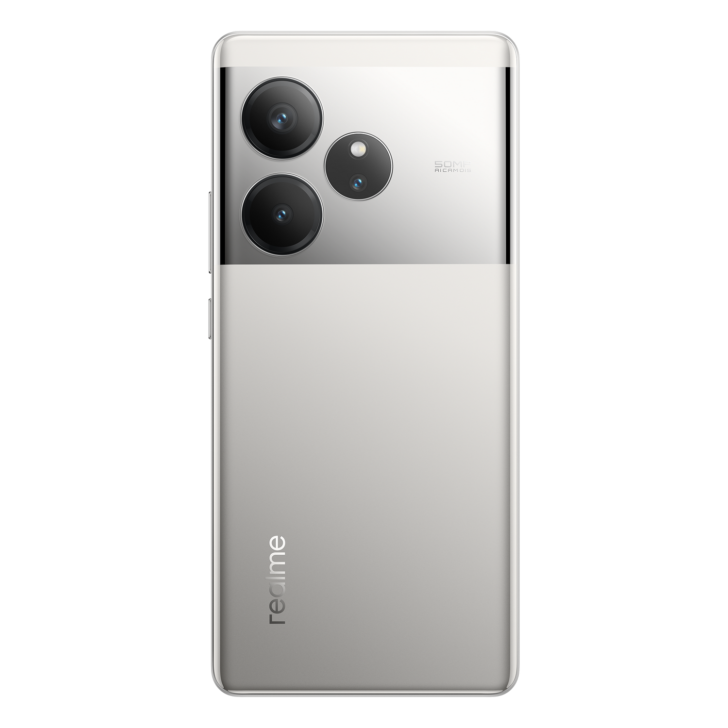 Parte trasera de teléfono plateado con tres cámaras. Logotipo de Realme abajo.
