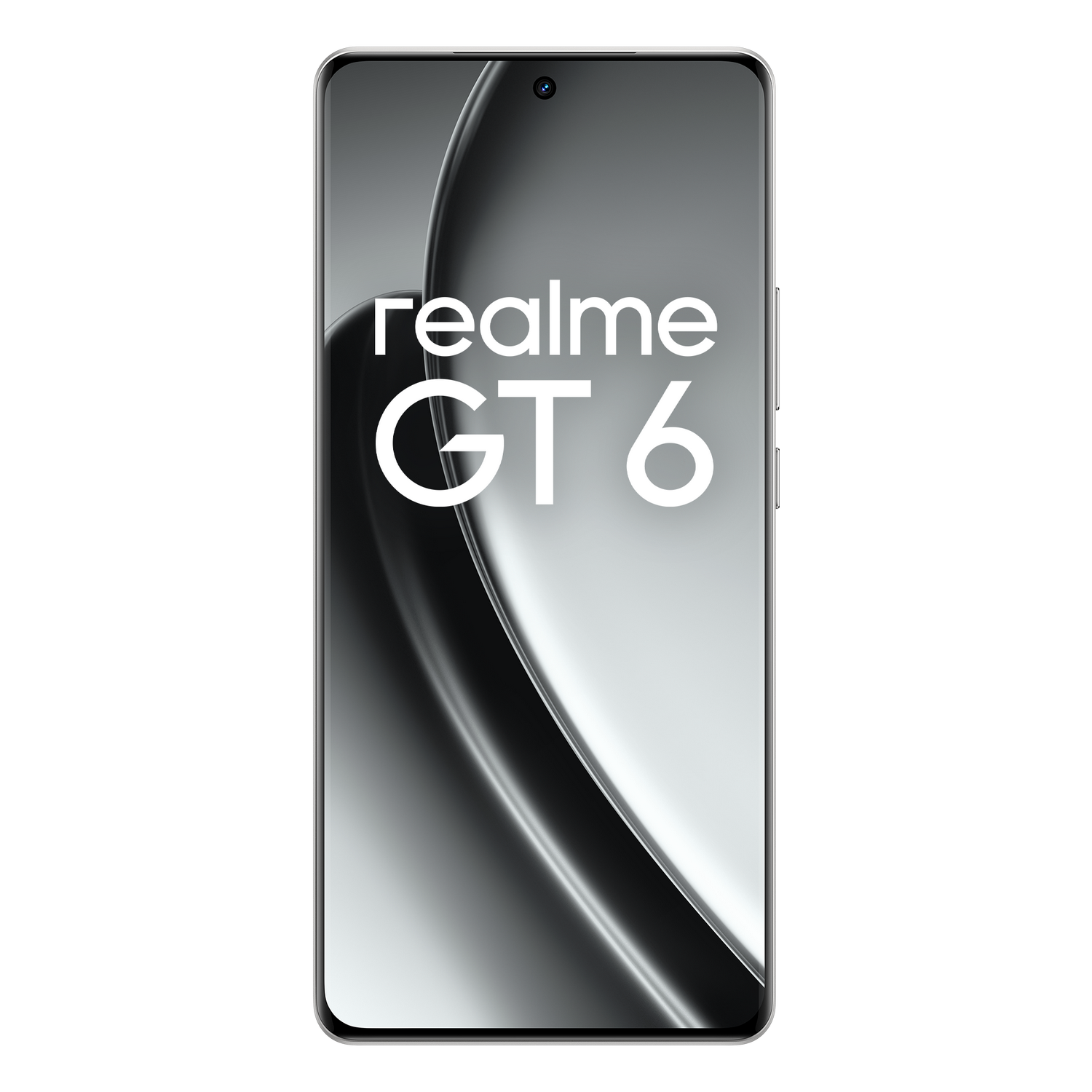 Smartphone Realme GT 6, pantalla encendida, texto blanco, fondo negro con forma curva.