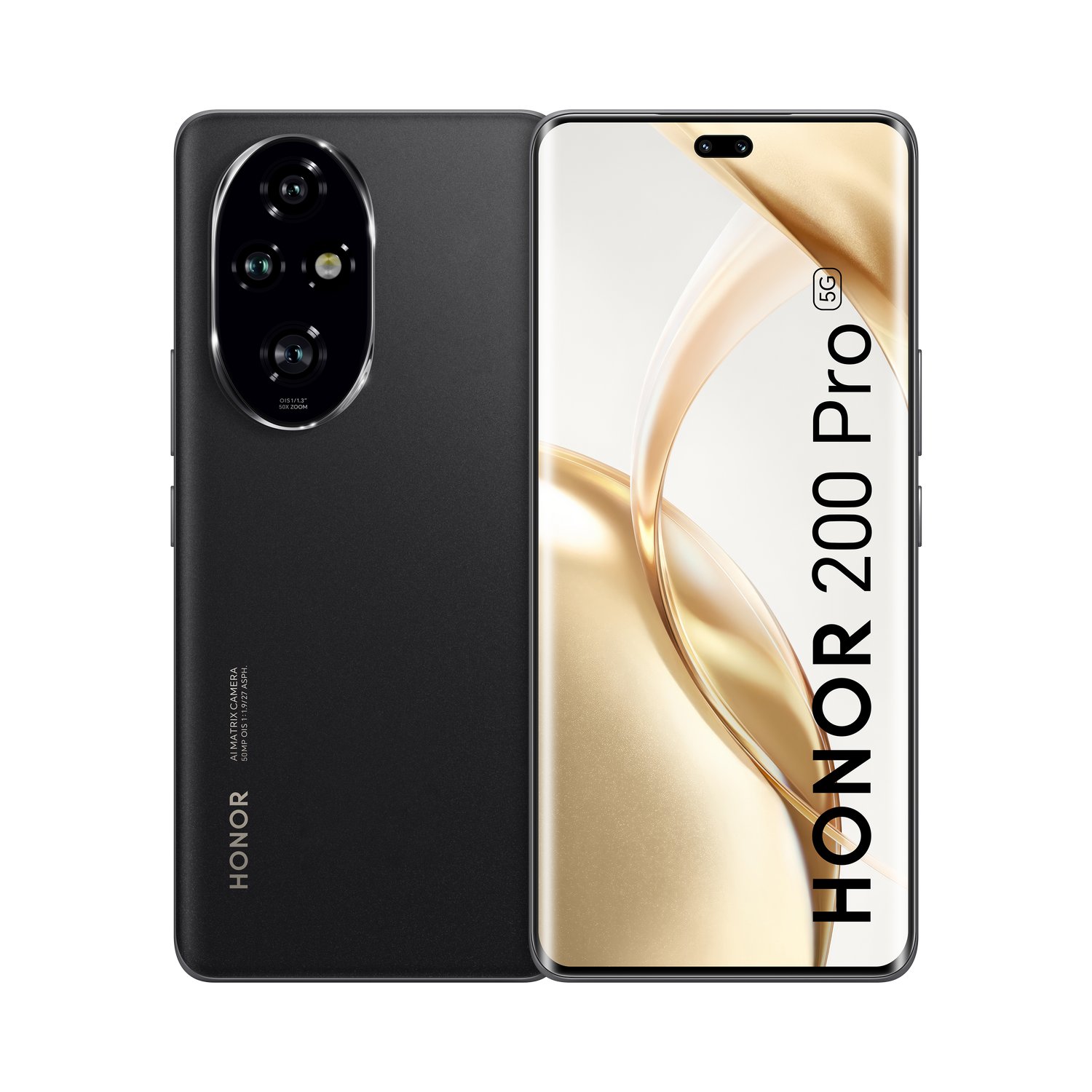 Un teléfono inteligente HONOR 200 Pro negro. La parte trasera tiene una protuberancia de la cámara y la delantera una pantalla.