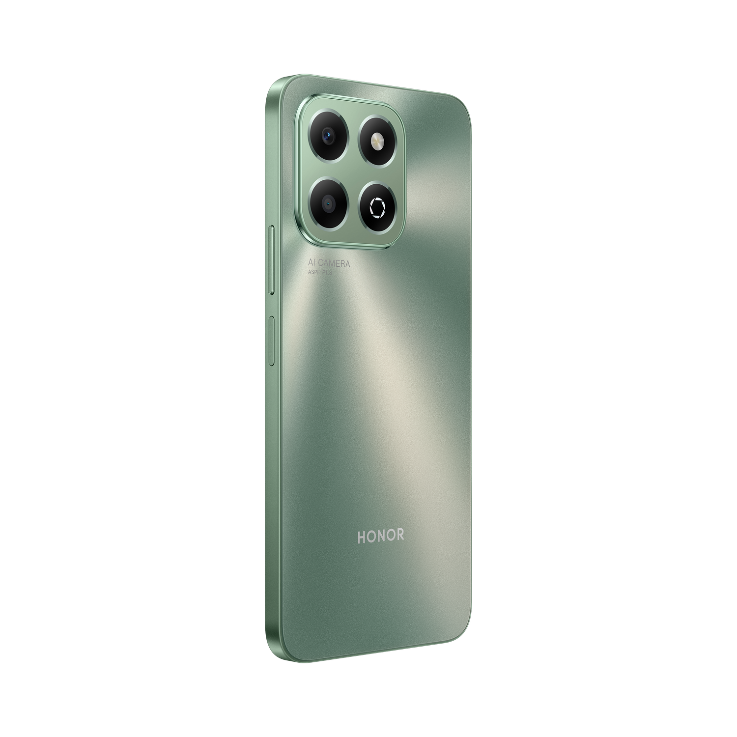 Smartphone verde, vista trasera, cuatro cámaras, fondo negro.
