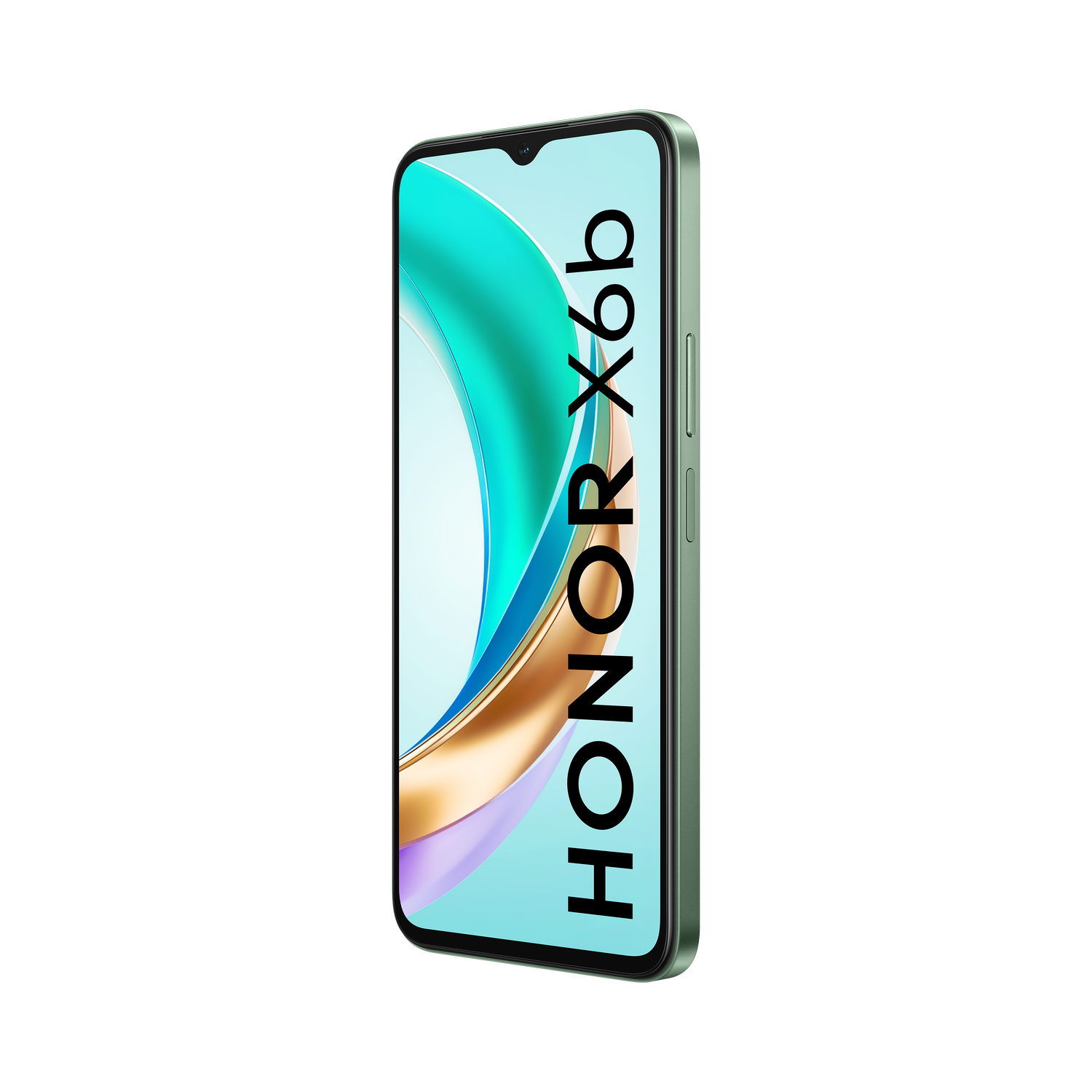 Smartphone verde con texto 'HONOR X6b' en la pantalla, sobre fondo negro.